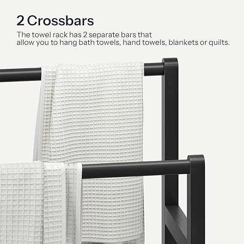 Miniatura 5 de HOOBRO Toallero independiente para baño, estante decorativo de bambú para mantas de 2 niveles, soporte de exhibición de edredón con estante de