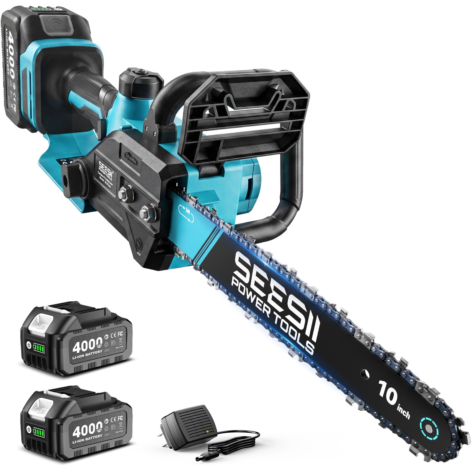 Compact handheld cordless mini chainsaw with 10-inch bar and battery installed in the handle