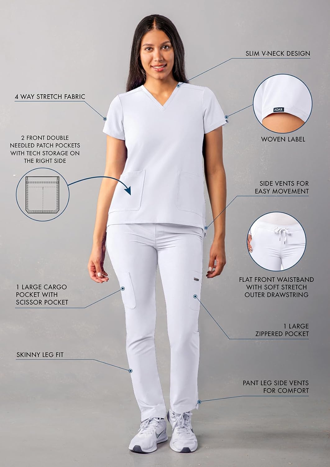 Adar Addition Scrubs Set for Women - Stretch V-Neck Scrub Top & Skinny Cargo Scrub Pants, 10 Pockets - Image 3