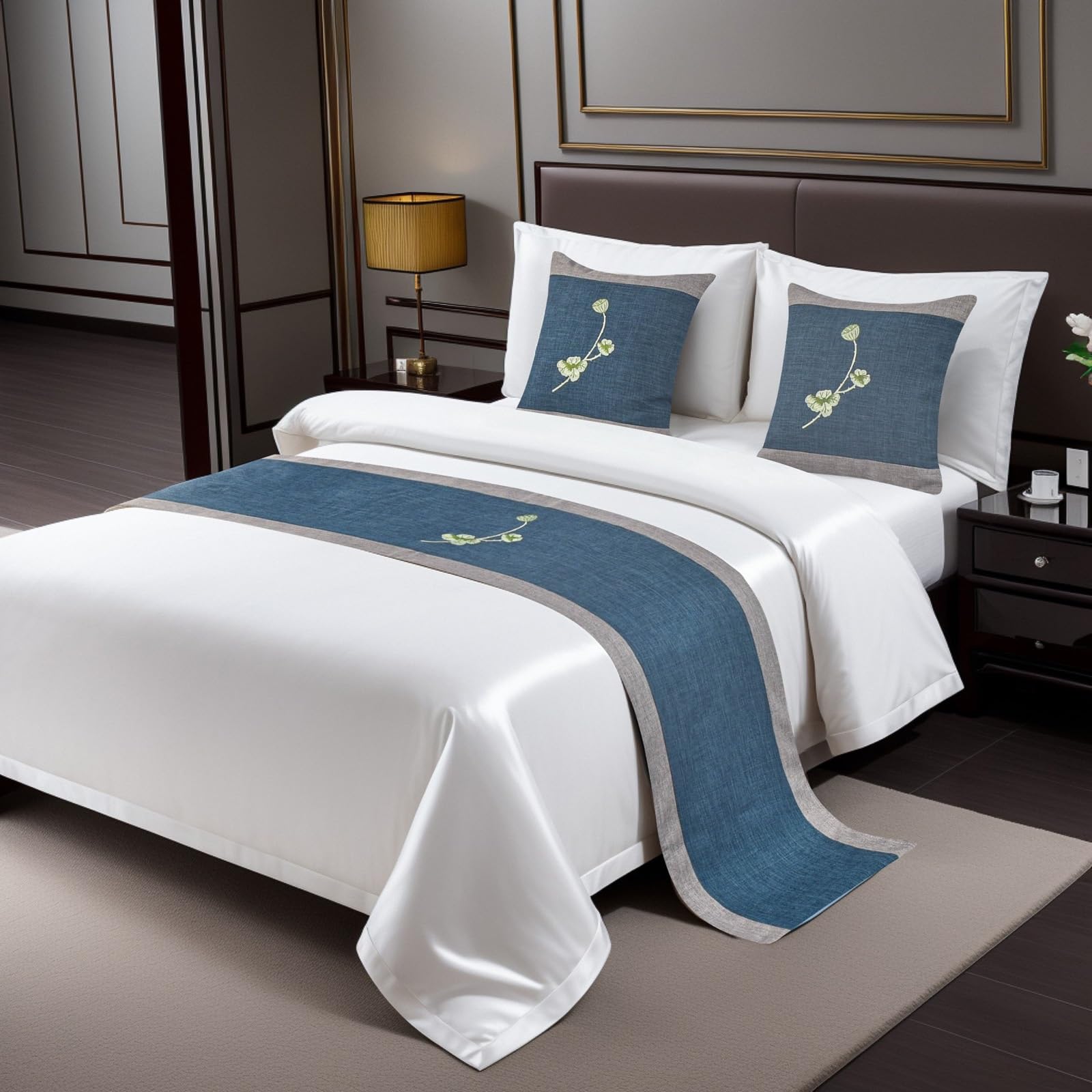Chemin de lit coton et lin bleu, écharpe de lit décoration hôtel pour lit simple et king