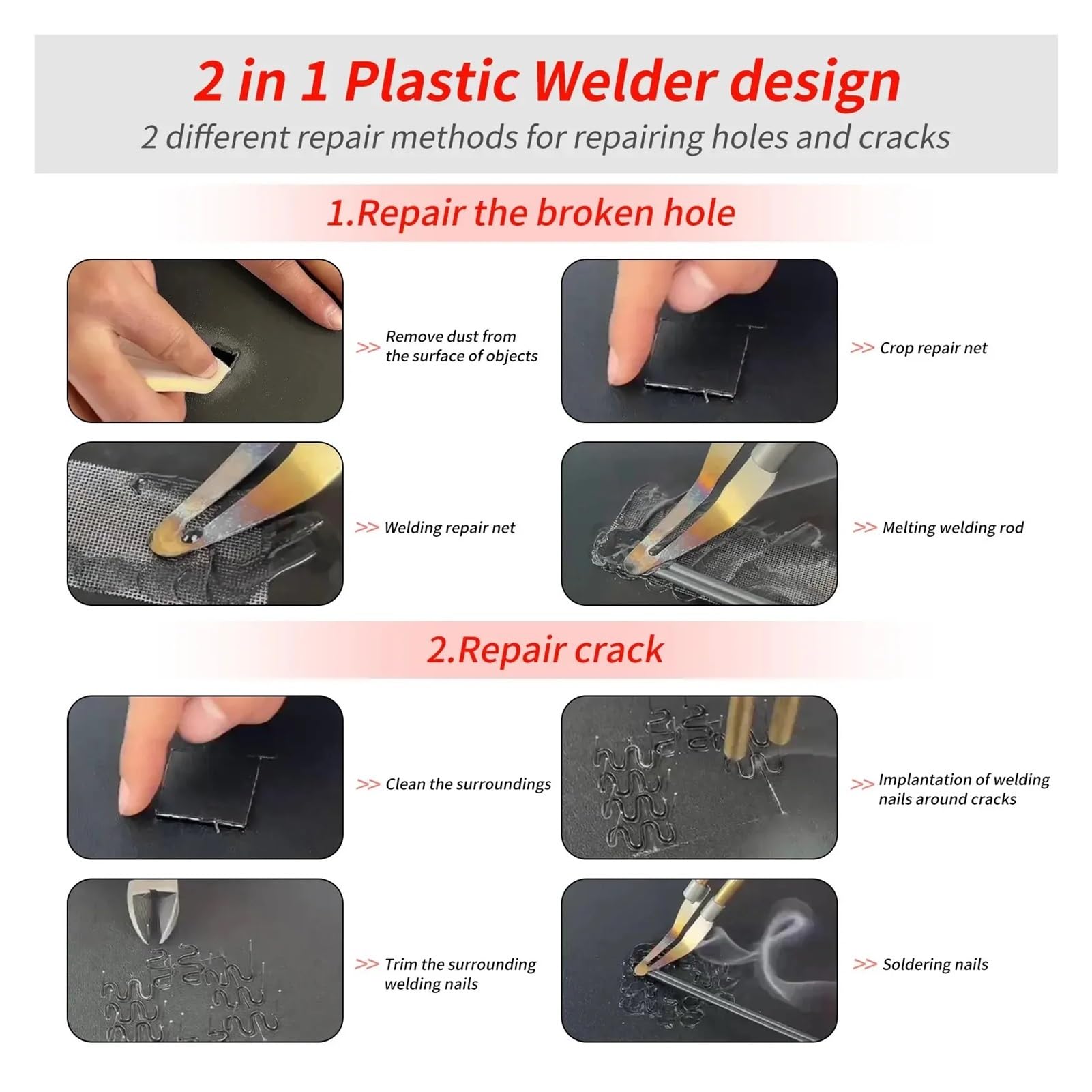 Pistola de clavos, Kit de pistola soldar plástico mejorada 200W, reparador alta potencia, grapas hierro for, reparación automóviles PVC, herramienta alambre clavos