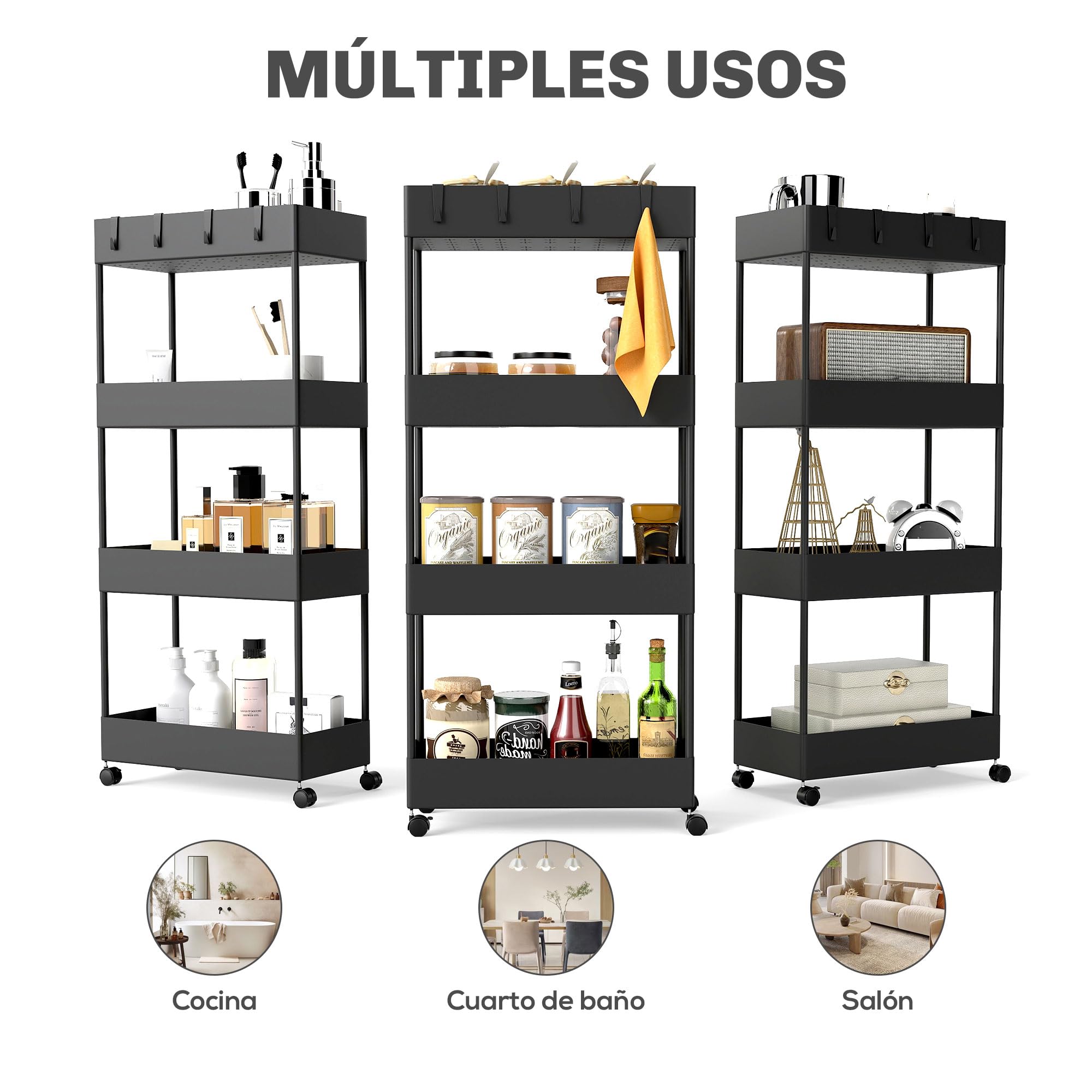 HOMCOM Carro de Cocina de Almacenamiento Delgado de 4 Niveles Carrito Auxiliar con Ruedas 4 Cestas y 4 Ganchos Extraíbles Carrito de Cocina para Comedor Baño Salón 40x19x90 cm Negro