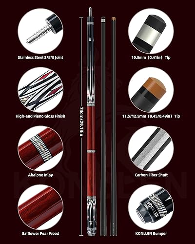 Miniatura 5 de KONLLEN Taco de piscina de fibra de carbono 2.0 con cono profesional | Palo de billar con incrustaciones hechas a mano de baja desviación | Eje
