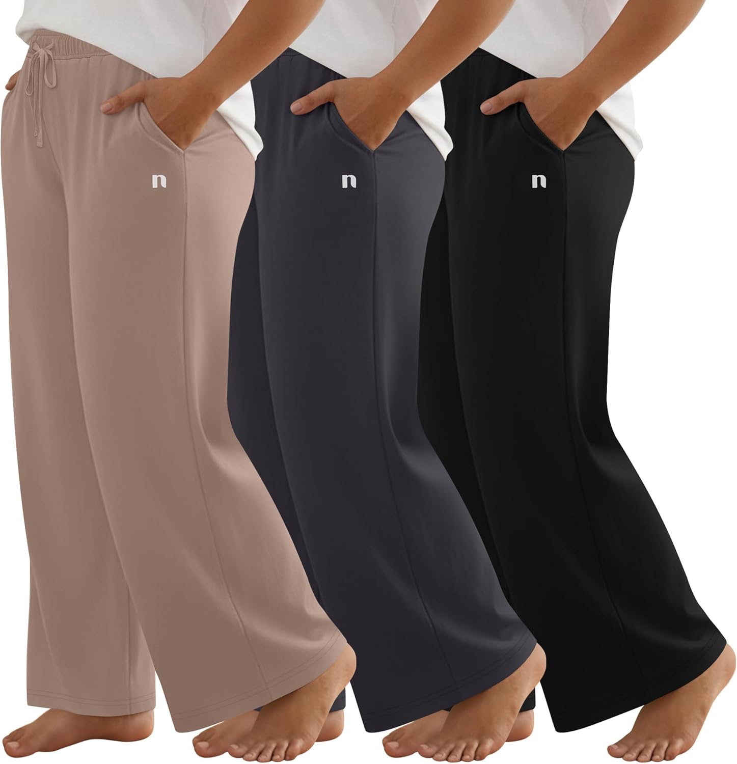 Neer 3 Pack Women's Plus Size Pants, Wide Leg Lounge Loose Sweatpants High Waist Drawstring Cotton Yoga Pants with Pockets