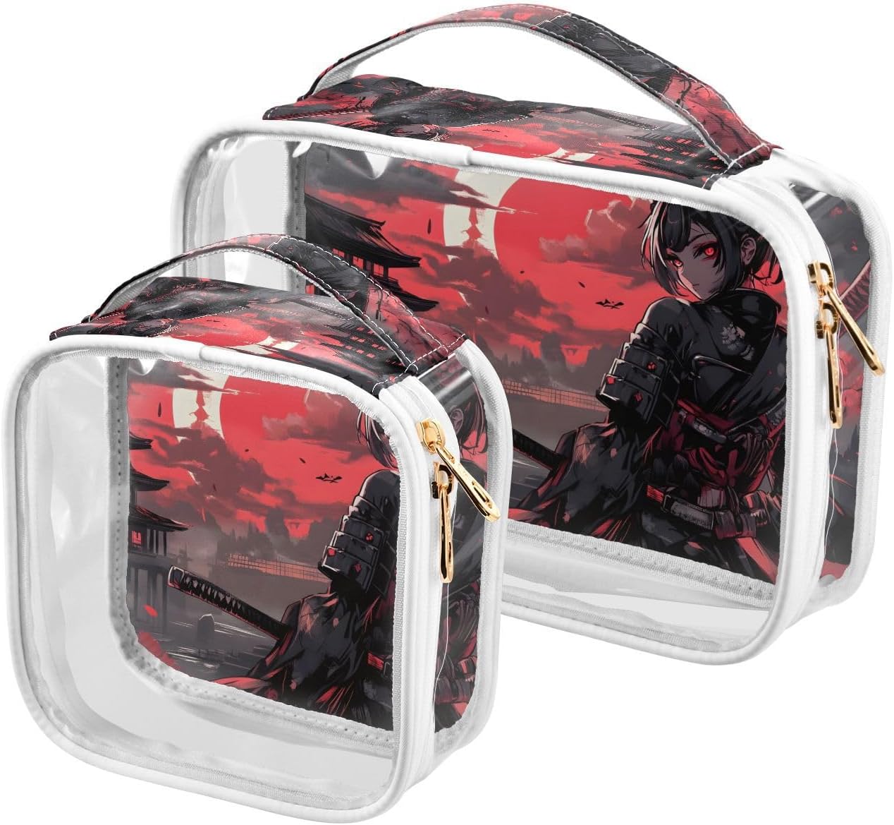Travel Toiletry Bags Anime Samurai Print, 2 Piece Clear Water Resistant with Handle for Travel Organizing