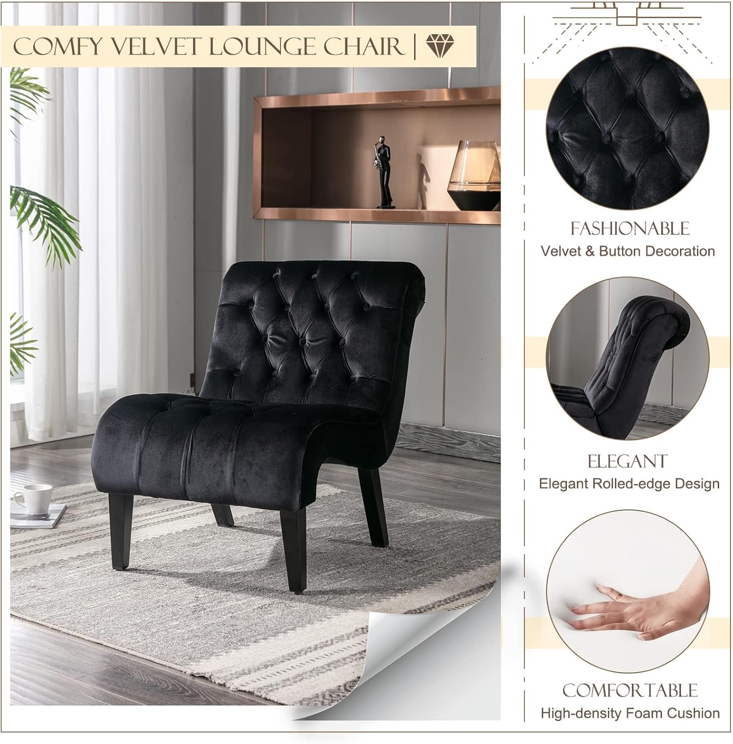 KINFFICT Velvet Accent Lounge Chair Set of 2, Modern Leisure Chair with Tufted Backrest, Indoor Armless Side Chair for Living Room, Upholstered Bedroom Sleeper Chairs with Solid Wood Legs