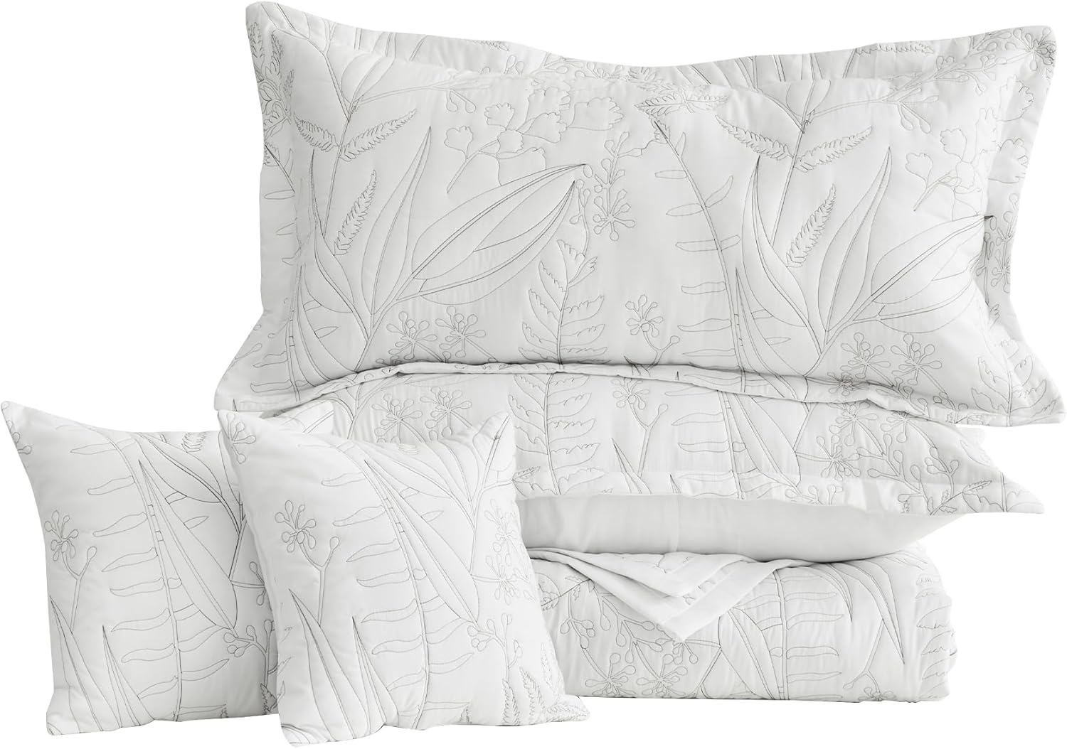 HZ & HY Botanical Oversized King Bedspread 128x120 Extra Wide, Leaves Pattern Stitching Quilt Set, Elegant & Fresh Style Bedding Cover, Reversible, Lightweight 5 Piece Set, White - Image 9