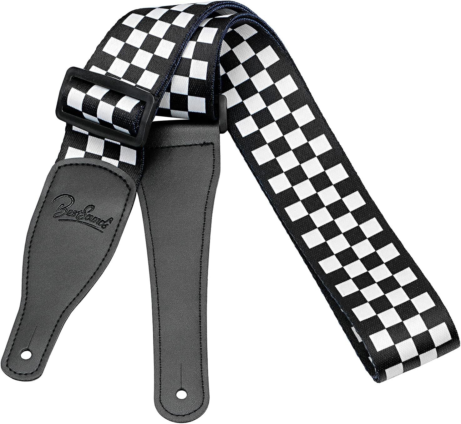 BestSounds Checkerboard Guitar Strap & Leather Ends Guitar Shoulder Strap, Suitable For Bass, Electric & Acoustic Guitars (Black and White Checkered)