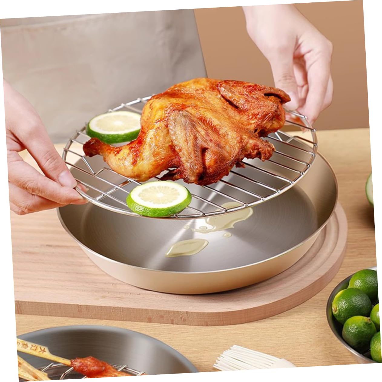 Patelnia do pieczenia ze stali nierdzewnej 24 cm ze stojakiem – odporna na wysokie temperatury taca do grillowania uniwersalna płyta grillowa do mięsa indyka i gotowania na świeżym powietrzu