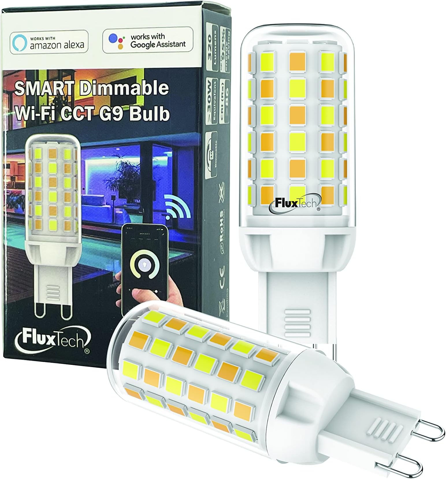 FluxTech - Wi-Fi Smart Dimmable CCT Colour G9 Bulb x 2 Pack – 2nd Generation Upgraded Version [Energy Class A+] (SWF-CCT-240-M2)