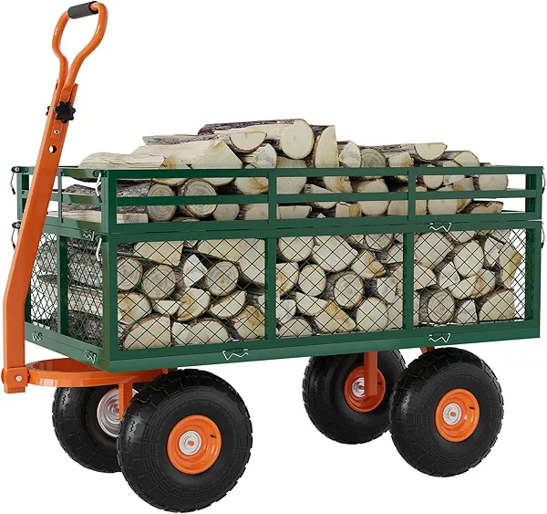 GarveeTech Steel Garden Cart with 10" Wheels, 1400 Lbs Utility Wagon Cart with Removable Sides & 180° Rotating Handle for Garden, Lawn, Farm, Warehouse, Outdoor Use, Heavy Duty, Green/Orange