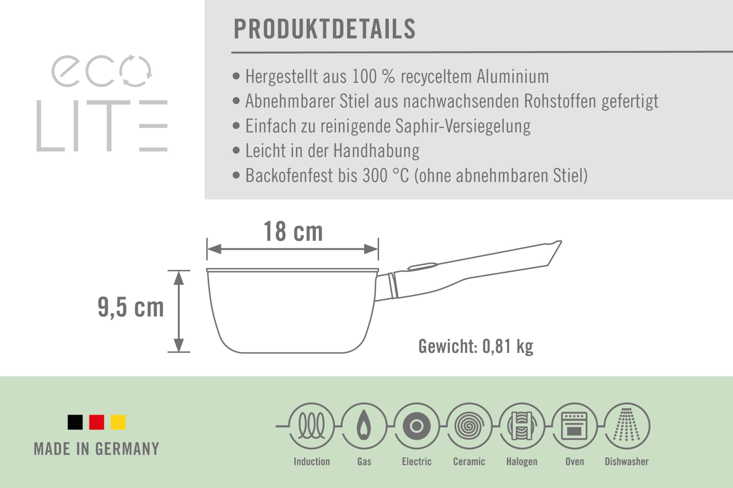 Woll Eco Lite - Pentola induttiva, diametro 18 cm, altezza 9,5 cm, 2 litri, con manico rimovibile, adatta per tutti i piani cottura, 100% alluminio riciclato, resistente al forno, colore: Nero