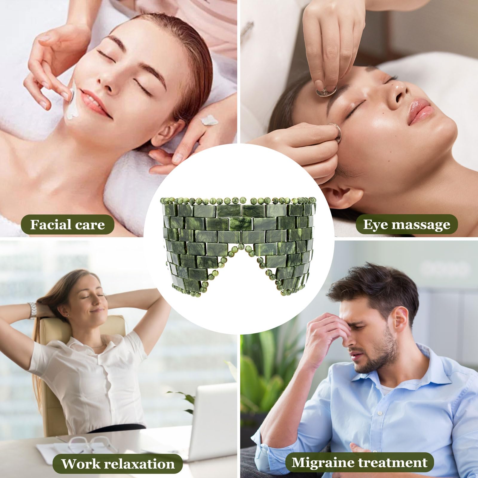 gemshan Maschera per occhi in giada con cinturino regolabile per le orecchie, 100% vera gemma naturale, maschera facciale riutilizzabile in giada per alleviare il gonfiore, impacco caldo freddo per