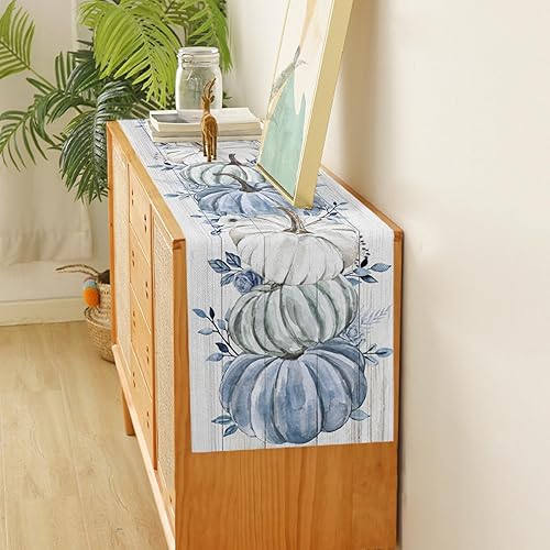 Miniatura 3 de Camino de mesa de otoño con calabaza azul, cosecha de Acción de Gracias, calabazas blancas y azules, de madera, algodón, lino, bufanda, cocina, mesa