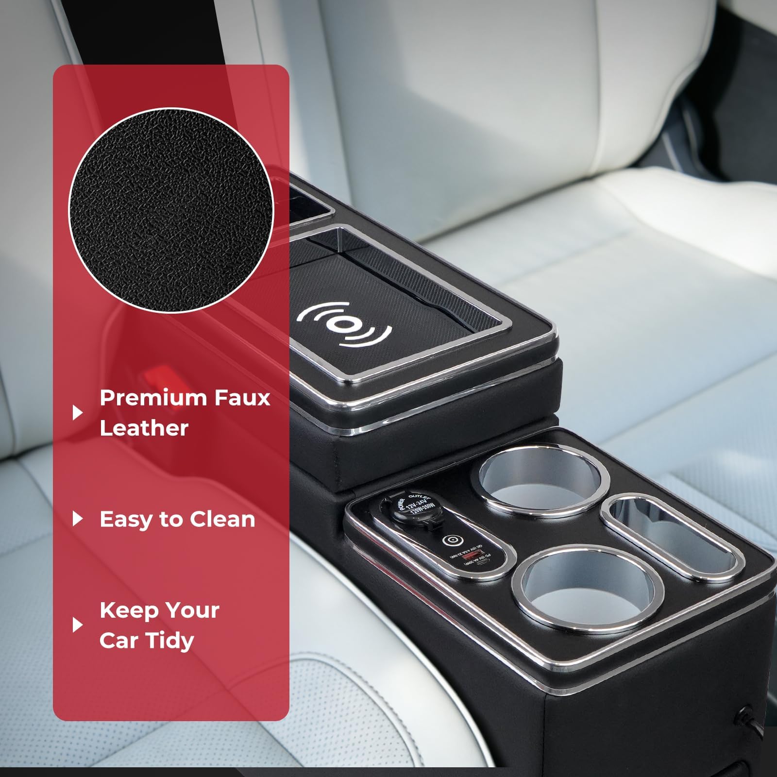 Organizer per console centrale tra i sedili per minivan e SUV, con tappetino di ricarica wireless, luce ambientale a LED blu, supporto per telefono e portabicchieri, console centrale da