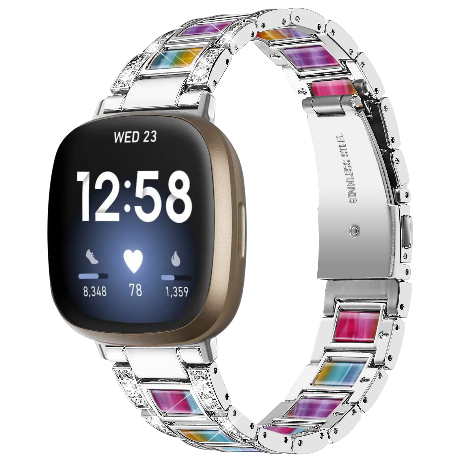 Gimuk Strap Compatible with Fitbit Versa 4/Fitbit Versa 3 Strap for Women Men, Adjustable Metal Stainless Steel Bling Replacement Watch Wrist Strap Wristband Bracelet for Fitbit Sense/Sense 2, S/L