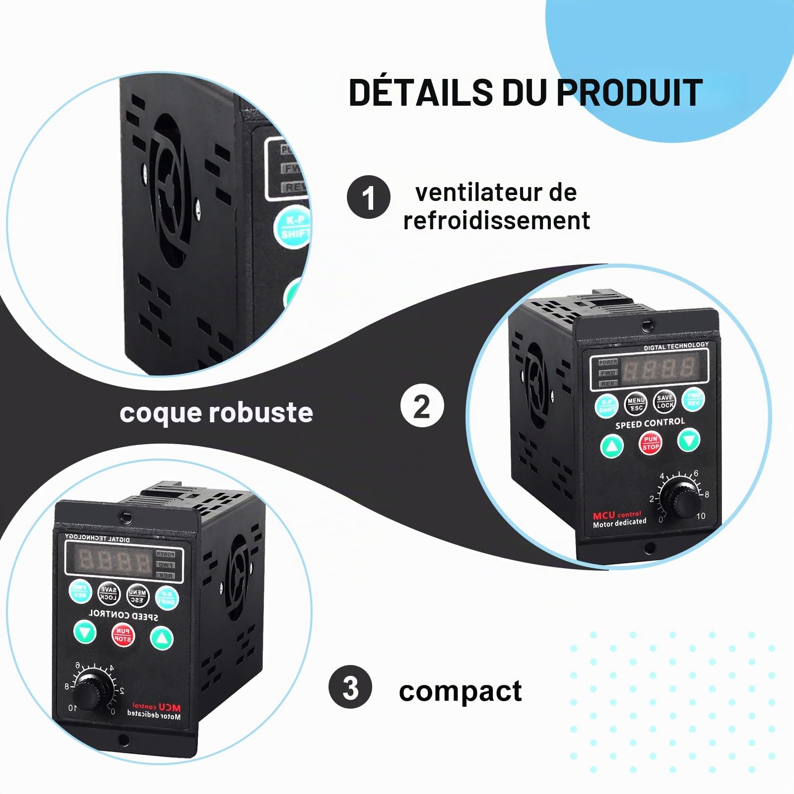Convertisseur de fréquence (VFD) 220 V monophasé, Sortie triphasée, variateur de Vitesse pour Moteur 750 W AC 220 V avec Protections Multiples et Affichage numérique