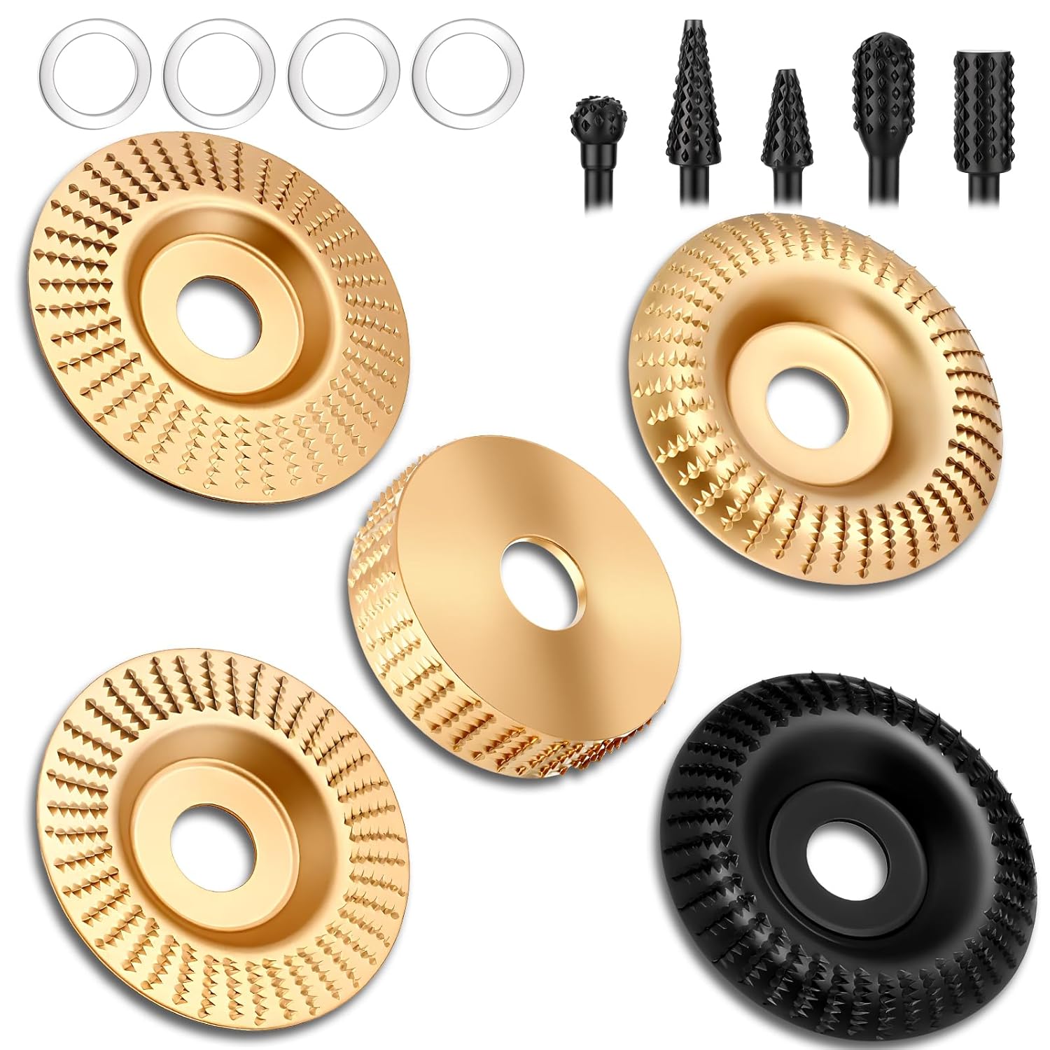 14 Pcs Angle Grinder Wood Carving Discs, 4 and 4 1/2 Angle Grinder Attachments with 7/8 inch Arbor, Rotary Burr and 5/8" Adapter Rings, Grinding Wheel Shaping Discs for Wood Cutting, Grinding