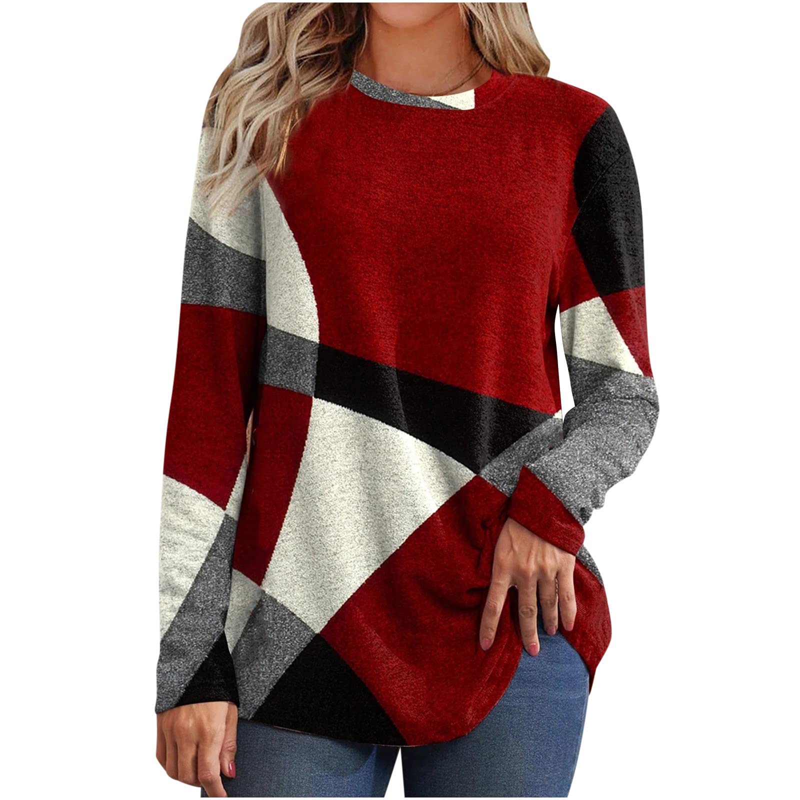 NUSGEAR Jersey Mujer Sudadera Suéter Camiseta Manga Larga Moda Patchwork Camisa Blusa Cuello Redondo Elegante pulóver Largo Camiseta Casual Suelto Fiesta Tops T-Shirt Original otoño Primavera tee