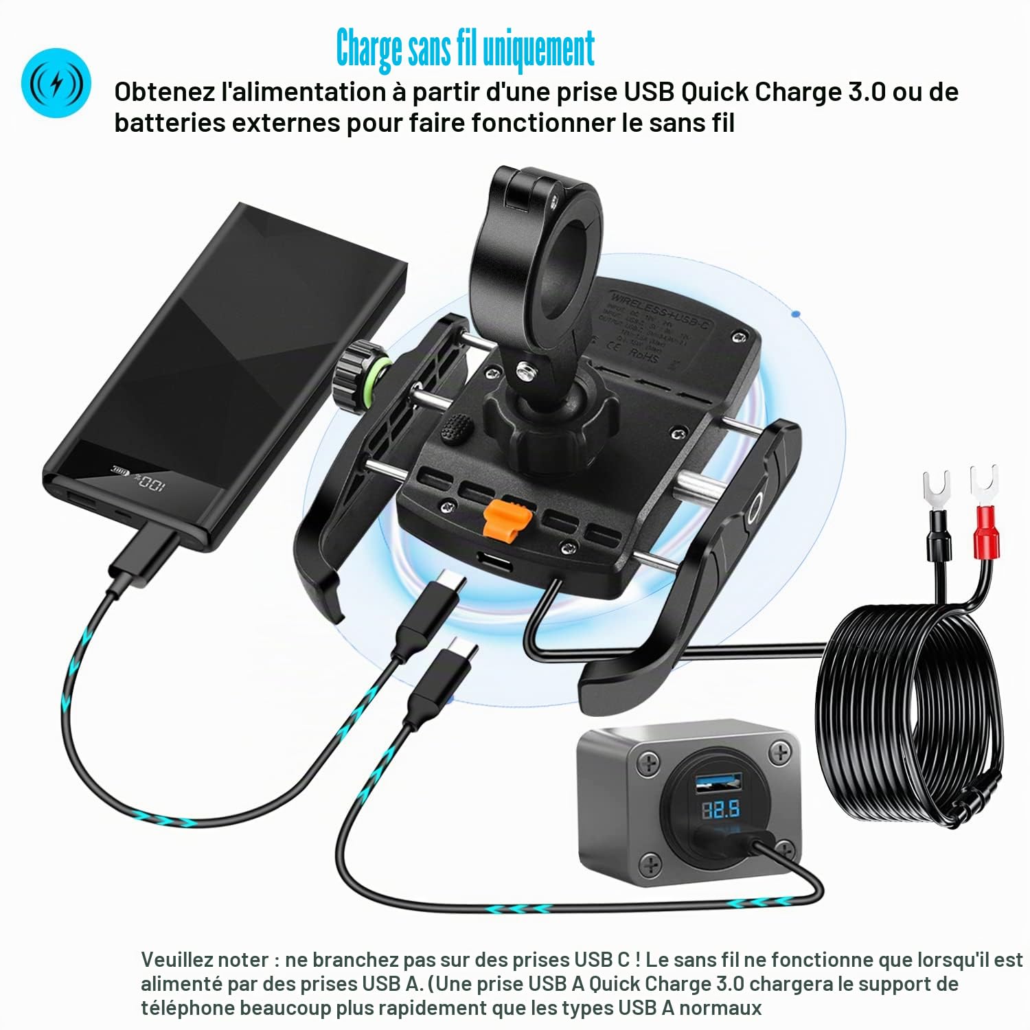 iMESTOU Support de Téléphone sans Fil QC3.0 USB C pour Guidon de Moto Fonctionne avec Les Motos 12 V/24 V ou en Branchant à Une Prise USB A Universelle pour Téléphones Portables de 4 à 7 Pouces