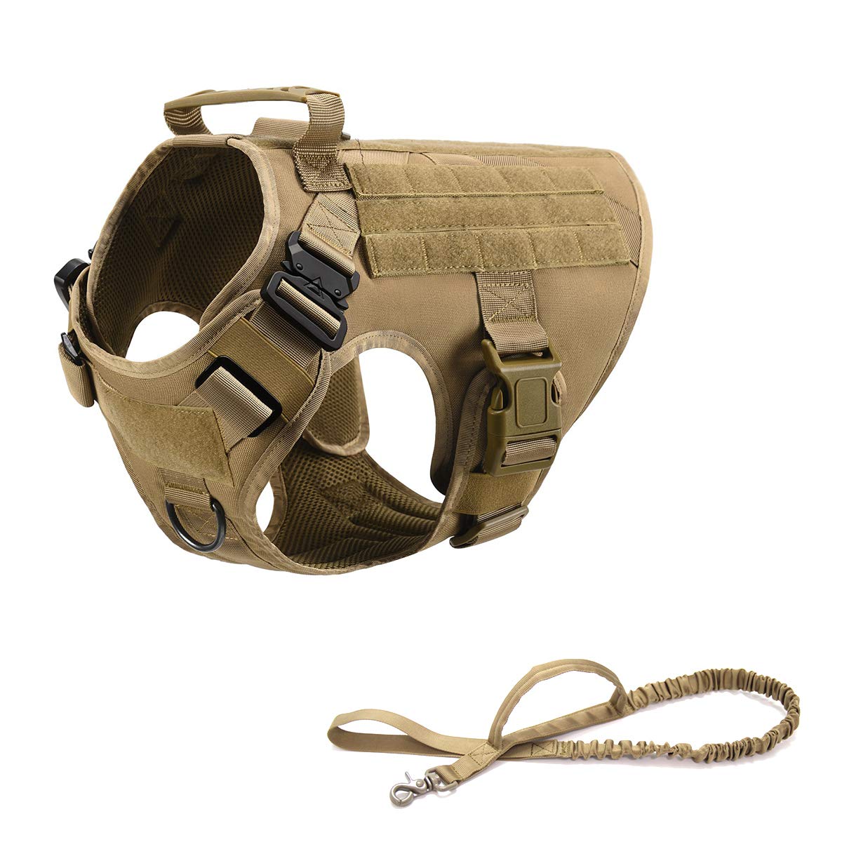 Pettorina tattico per cani con manico militare per addestramento di lavoro, con fibbie in metallo e pannelli ad anello, guinzaglio per cani (S, marrone con guinzaglio)