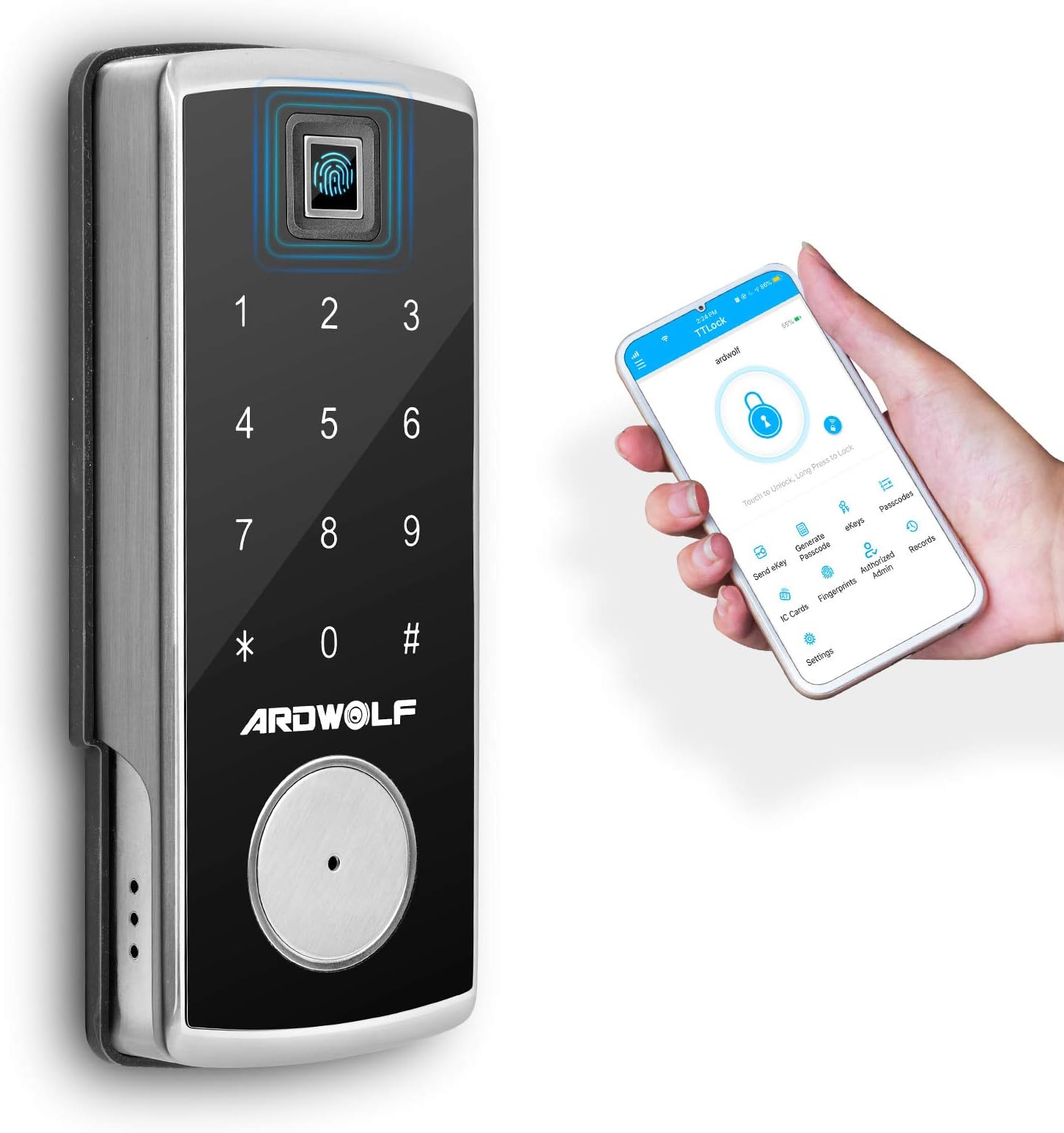 Ardwolf A70 Fingerprint Door Lock, Bluetooth Keyless Entry Door Lock Phone Control with Keypad Auto-Lock for Home Security, Compatible with Wi-Fi Bridge (Sold Separately)eversible Handle Backup Keys