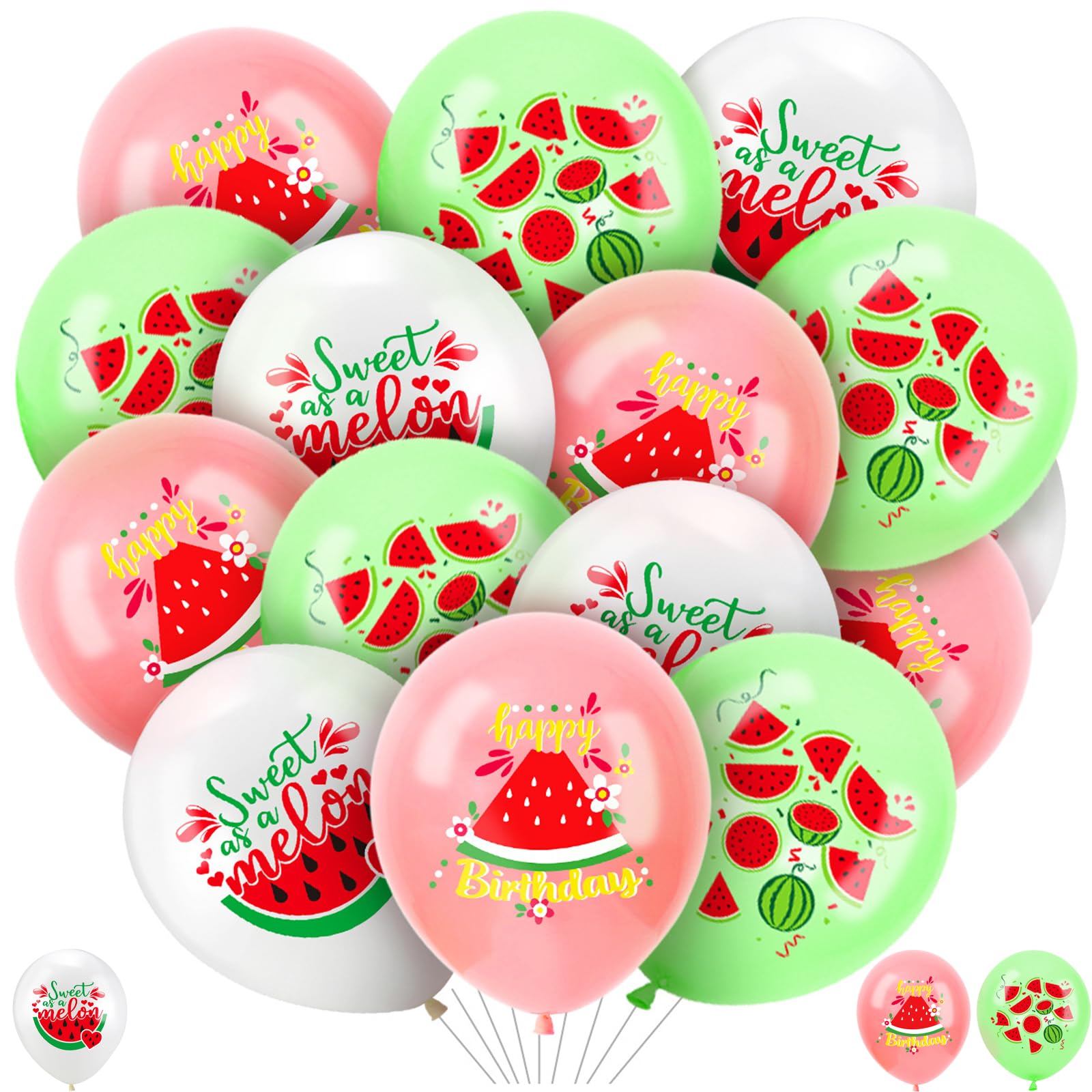 Watermelon Theme Birthday Balloons - 15 Pieces Latex Balloons Set with Ribbon for Party Decorations - Colorful Adult Celebration Supplies