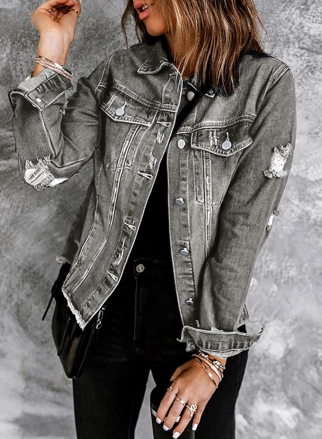 EVALESS Womens Boyfriend Washed Crop Denim Jean Jacket Coat - Image 4