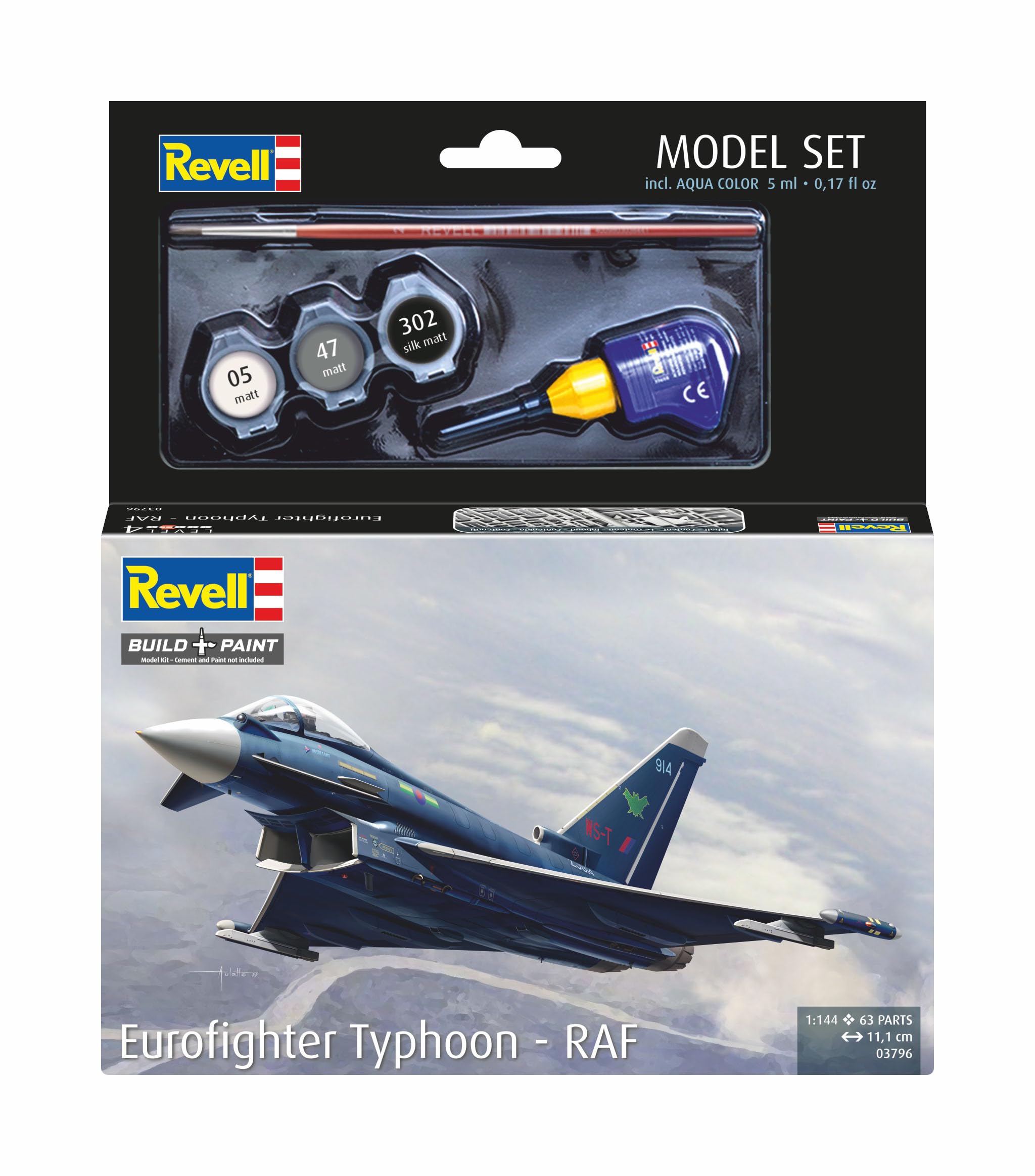 Revell Eurofighter Typhoon 63796 RAF Kit de modelismo de plástico no construido/no pintado a escala 1:144 con pegamento profesional Contacta, pincel y pinturas Aqua Color seleccionadas