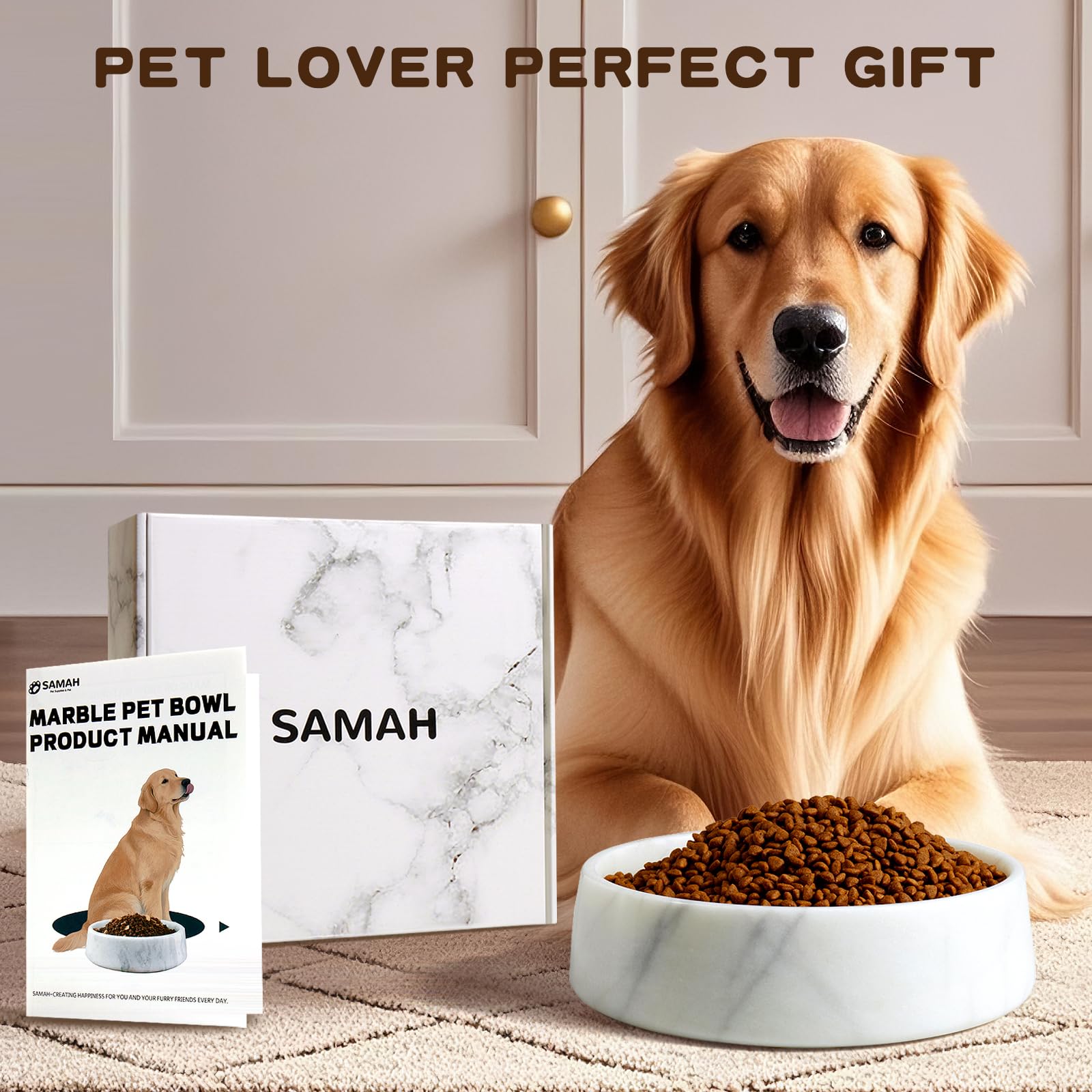 SAMAH Cuenco de mármol para perros, cuenco antideslizante para agua, plato grande de piedra con peso, cuenco de mármol natural resistente para gatos y perros grandes, regalos para mascotas, capacidad