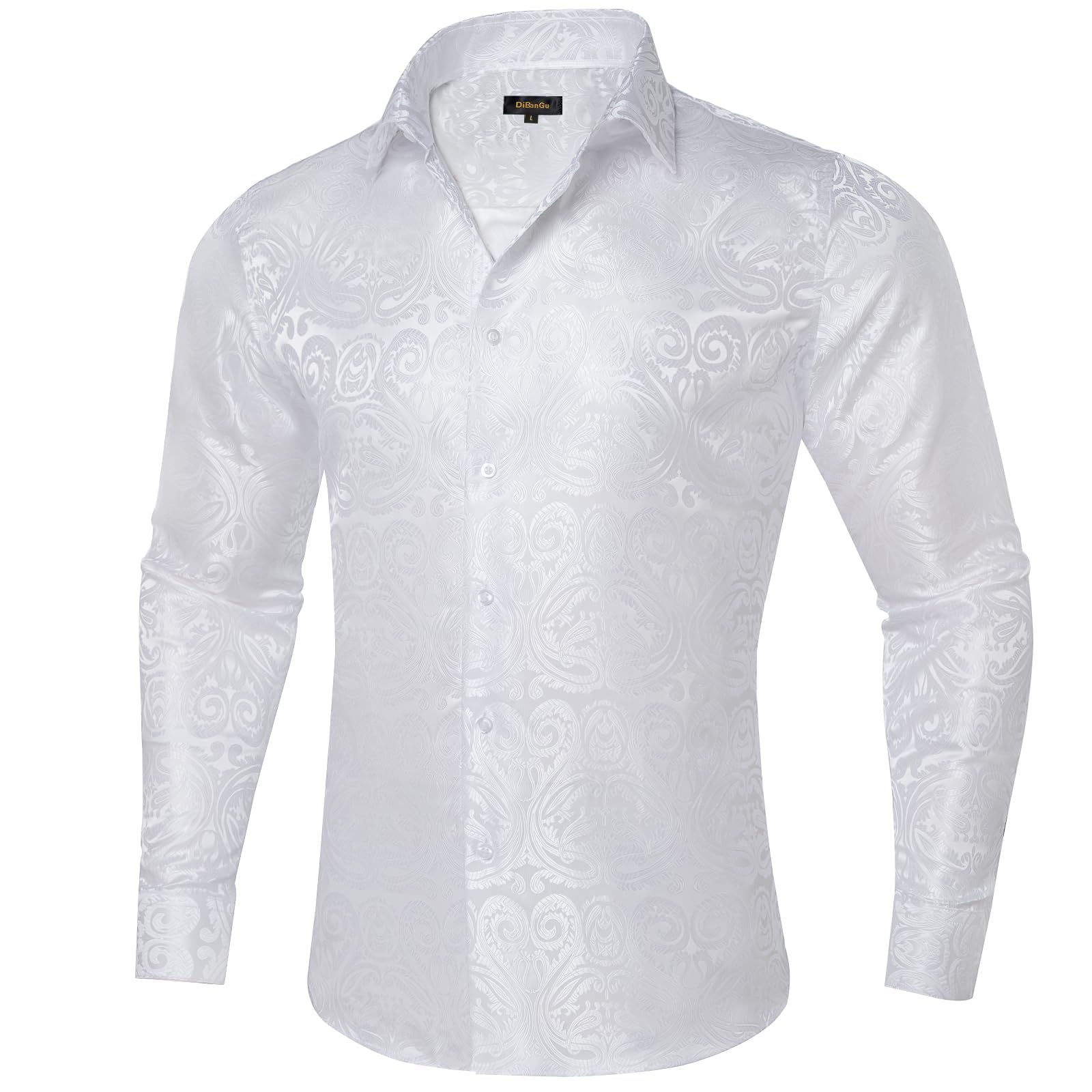 DiBanGu Silk Mens Dress Shirts Woven Paisley Long Sleeve Button Down Shirt for Men Casual Regular Fit Shirts