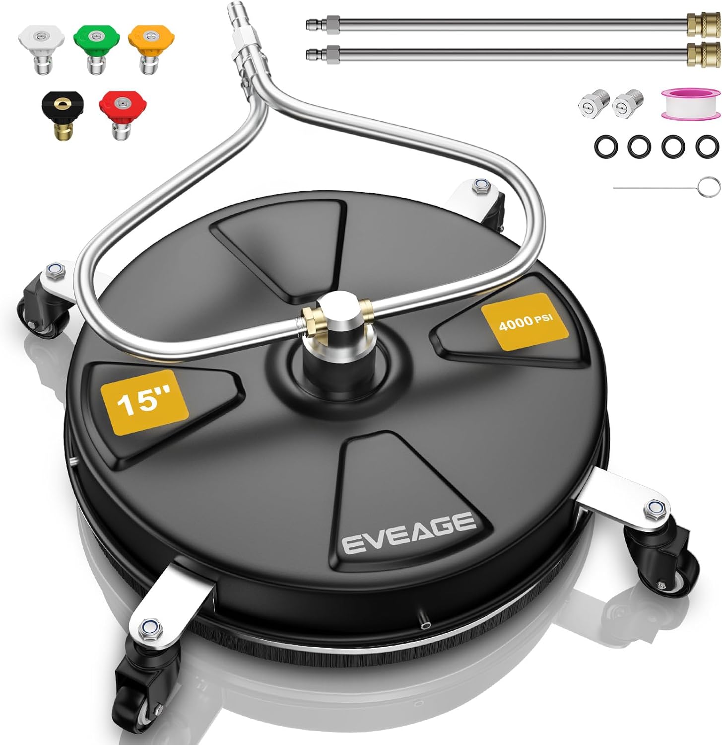 EVEAGE 15" Black Pressure Washer Surface Cleaner with Unique Curved Bar Design - 4 Wheel, 2 Nozzle Stainless Steel Pressure Washer Surface Cleaner for Driveway and Sidewalk Cleaning 15 INCH