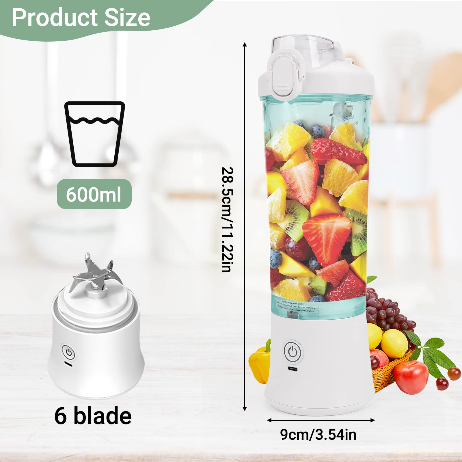 Frullatore Portatile, 600ML Mini Frullatore Smoothie USB Ricaricabile con 6 Lame Frullatore Personale per Frullati, Frutta e Verdura Tazza per Casa, Campeggio e Viaggi (bianco)