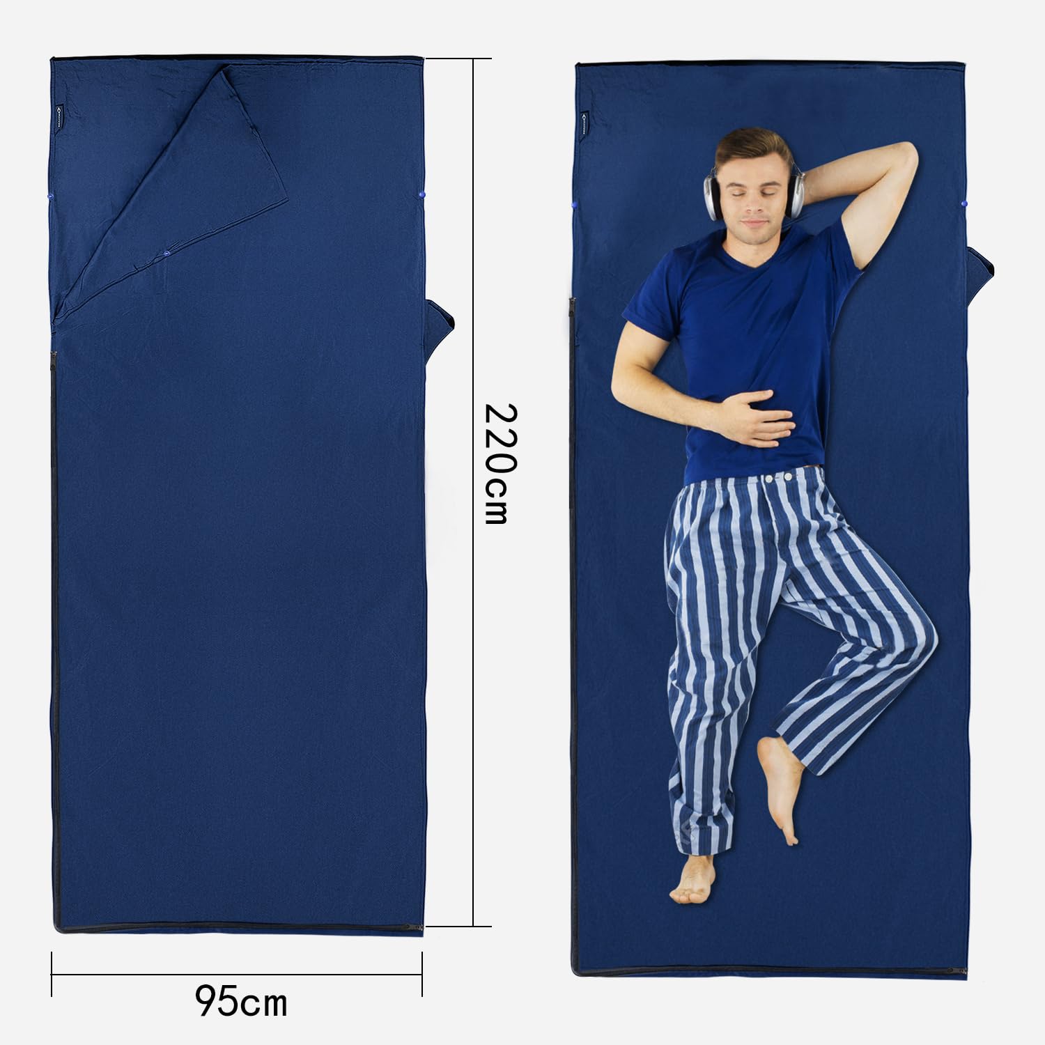 MYCARBON Podróżna wkładka do śpiwora, 100% bawełna, super miękka, 220 x 95 cm, arkusz podróżny, przenośna, lekka, na kemping, torba łóżkowa, hostele, autokary, piknik, pociągi z kieszeniami na