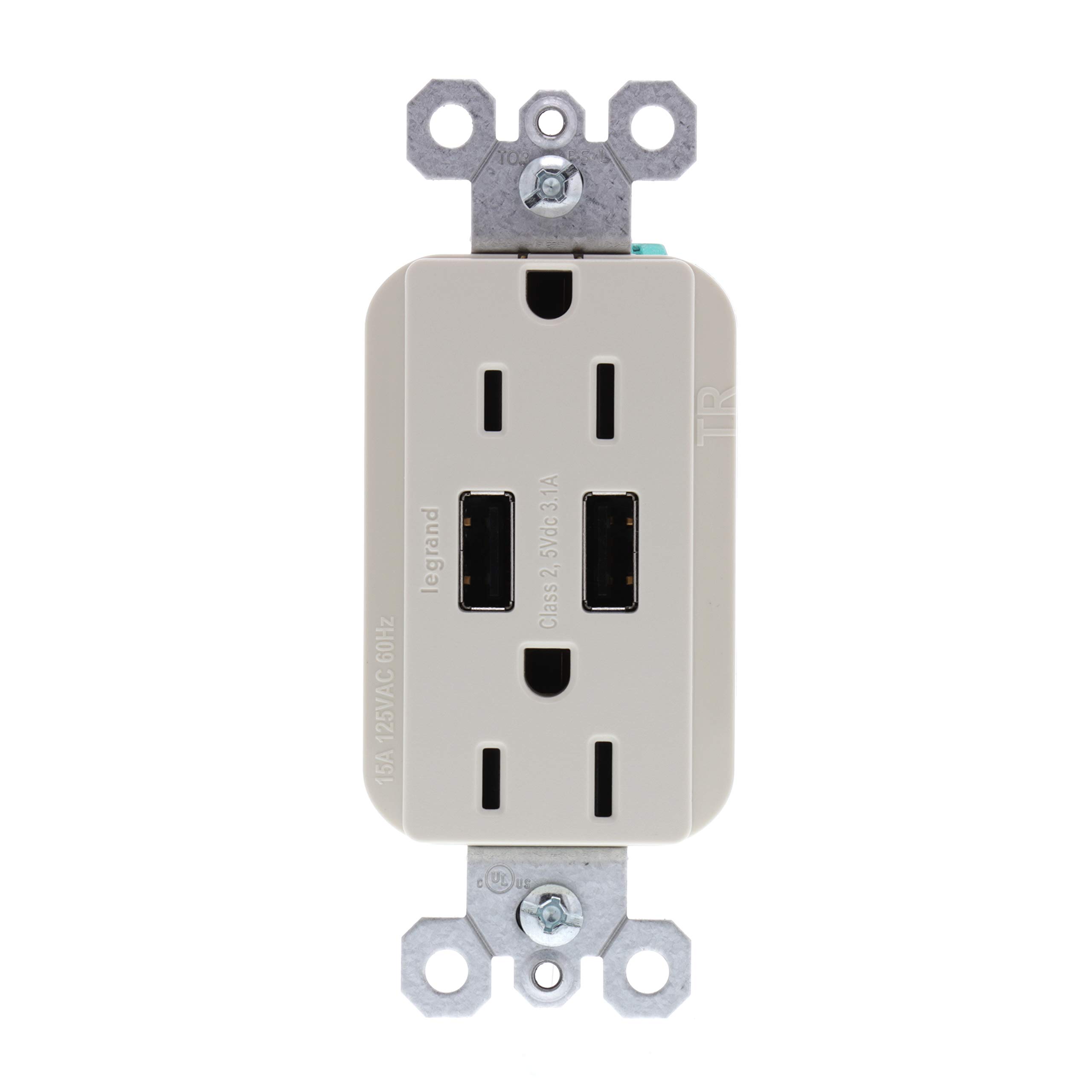 Legrand radiant TM826USBLACCV4 15 Amp Decorator Duplex Tamper Resistant Outlet Receptacle with 3.1A Type A USB Charger, Light Almond (1 Count)