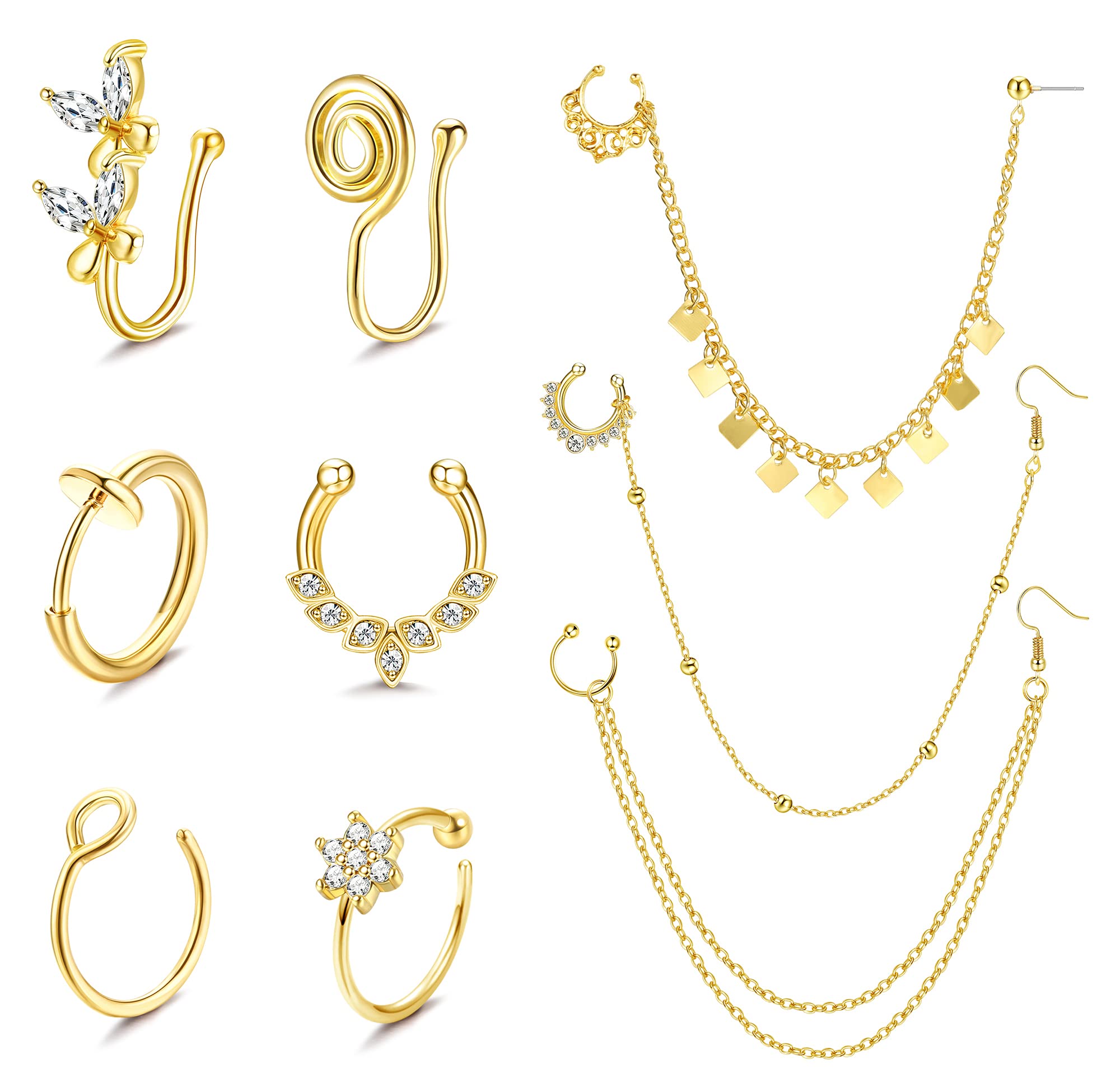 Kakonia Anillo de nariz falso Anillos de nariz de tabique no perforantes con cadena Cadena de nariz a oreja con borla Mariposa Manguito de nariz Faux Clip en joyería de nariz