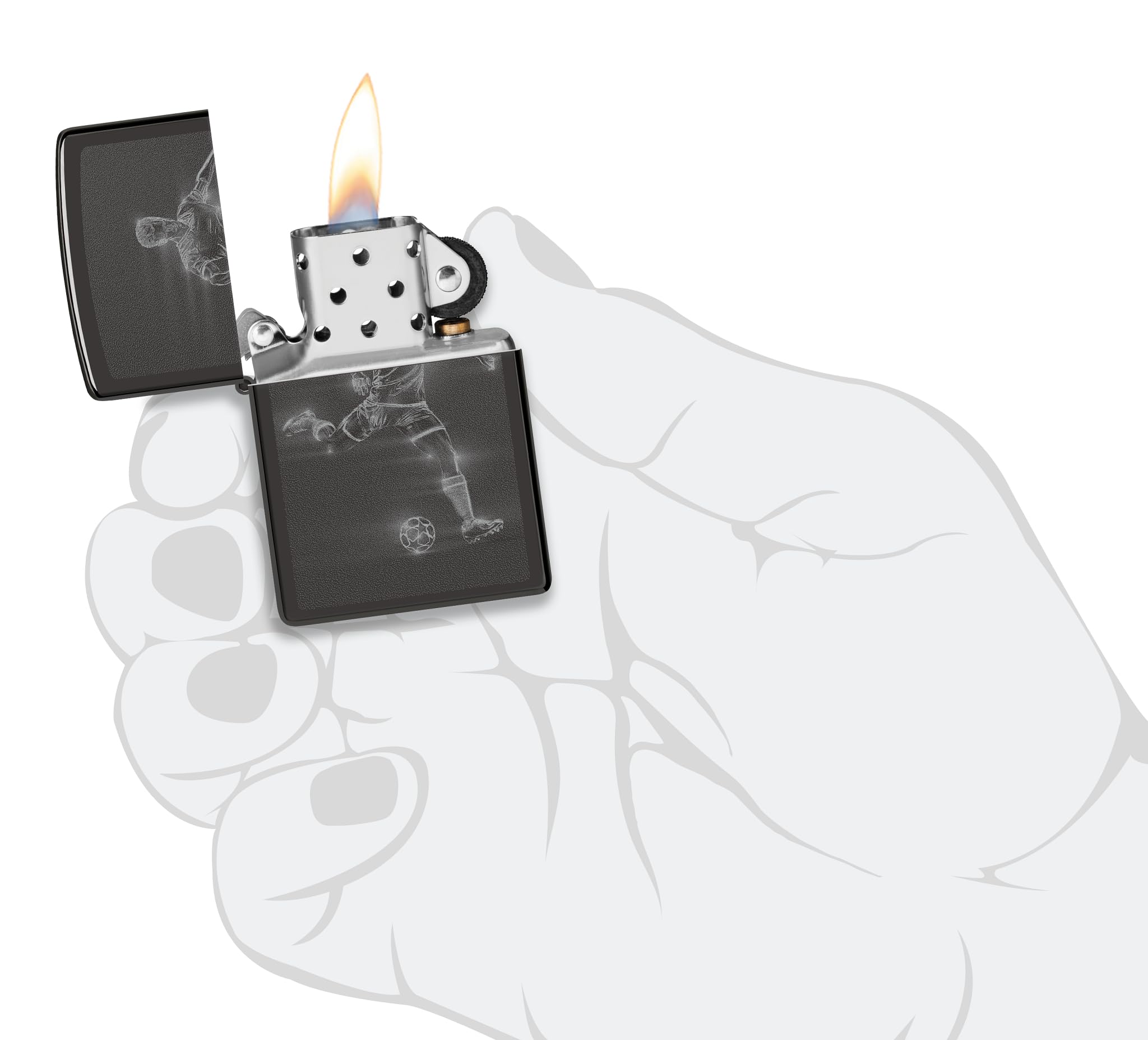 Zippo Encendedor a Prueba de Viento Recargable Reutilizable - Negro Alto Brillo - Diseño de Futbolista - Caja Regalo - Hecho en EE.UU.