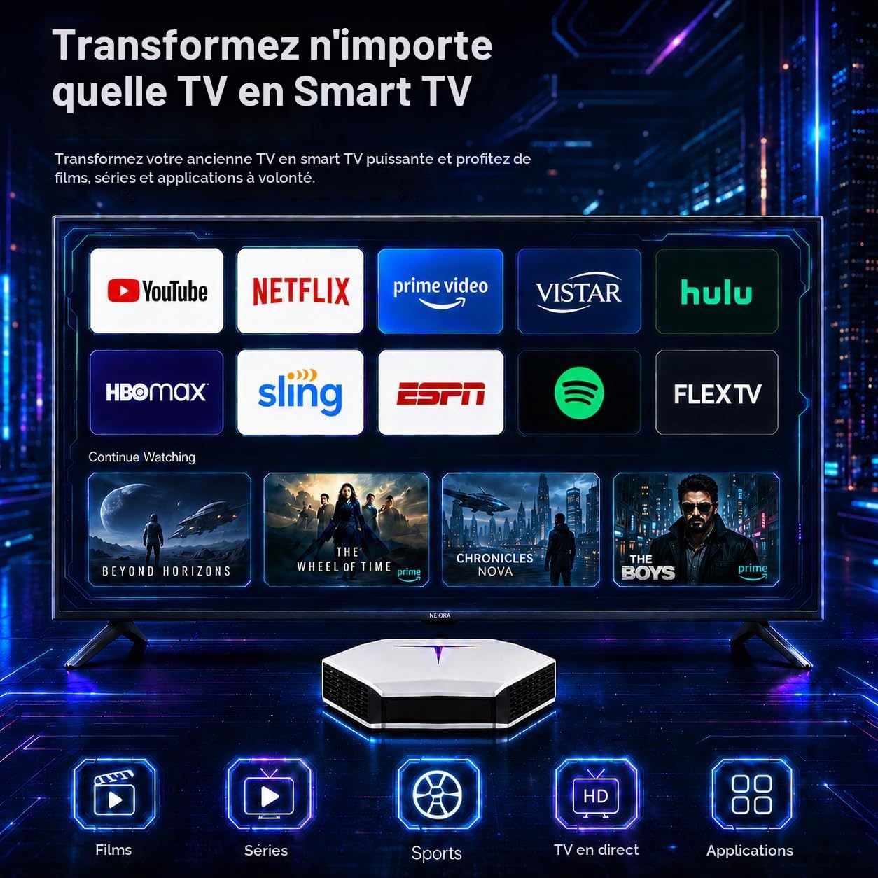 Boîtier TV Android 4Go RAM 32Go ROM 4K UHD Wi-Fi6 processeur à Quatre cœurs