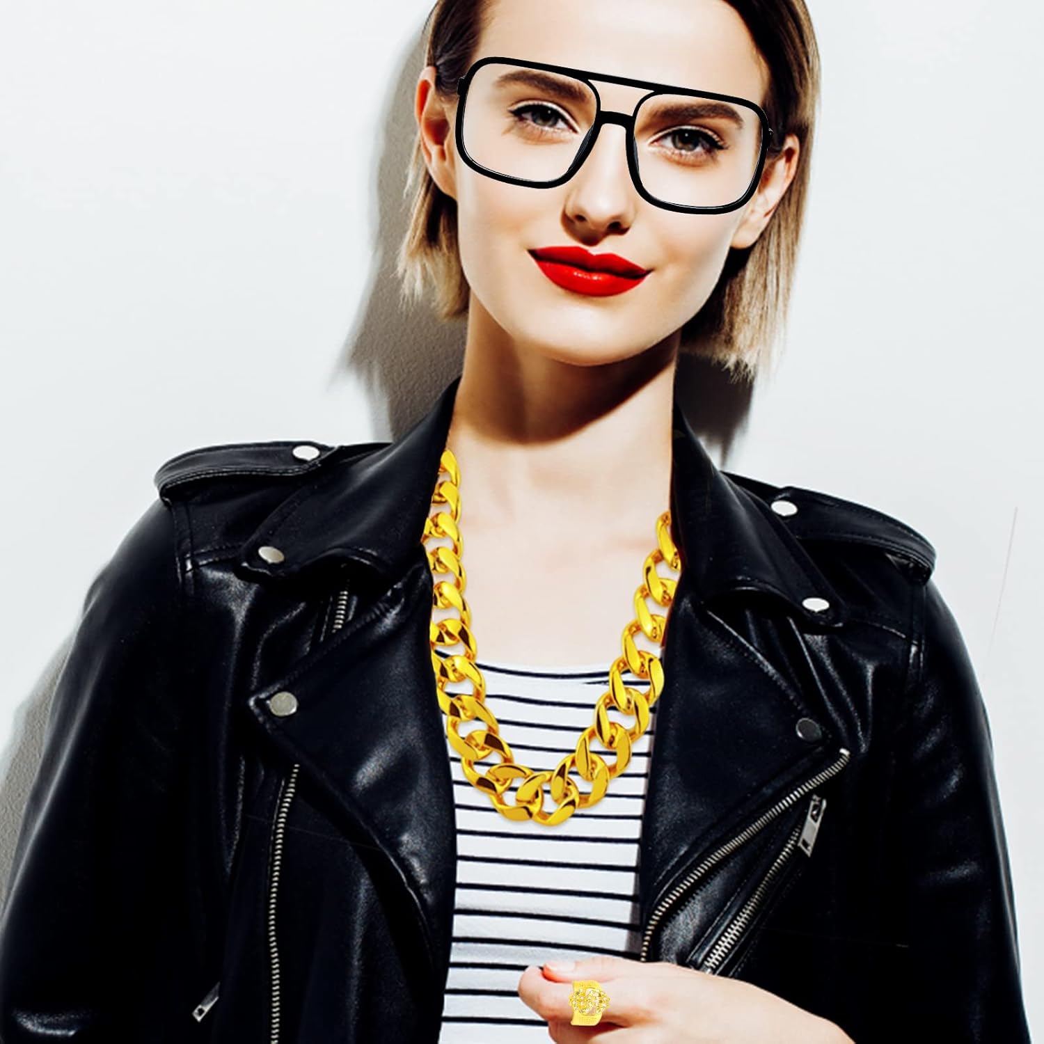 5 Pack 80s 90s Hip Hip Costume Outfit Kit Bucket Hat Fake Gold Chain Sunglasses Dollar Sign Finger Ring Earring Hoop for Men Women Punk Rapper Jewelry Accessories - Image 7