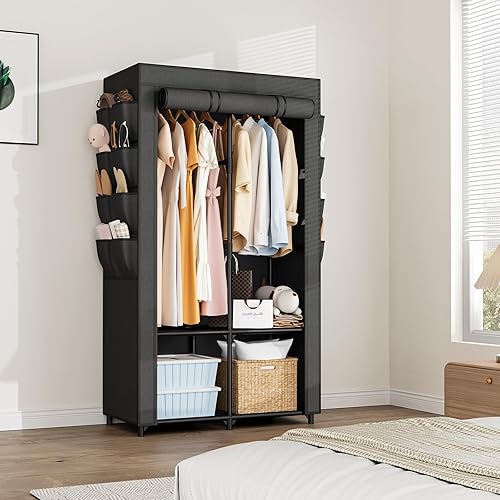 Miniatura 8 de Armario portátil para colgar ropa, armario portátil con tapa, 4 estantes de almacenamiento, 2 varillas para colgar y 8 bolsillos laterales, fácil de