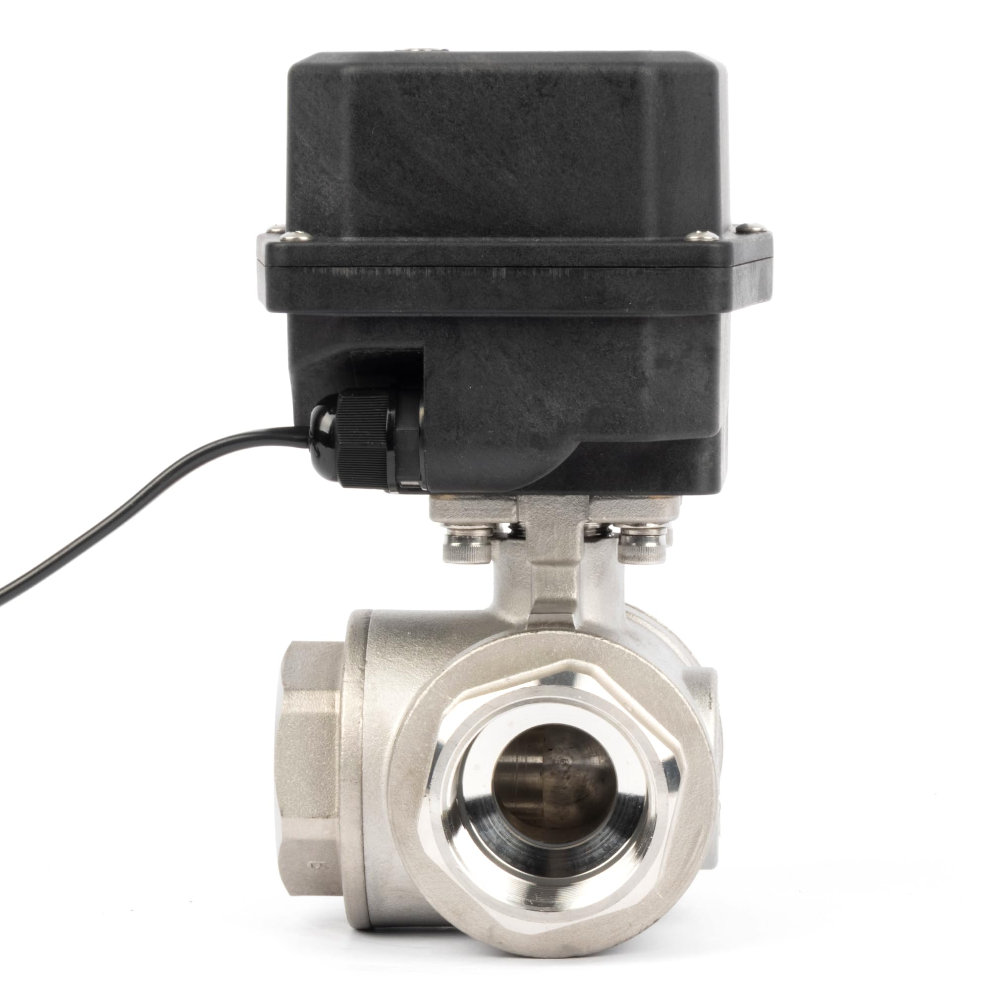 U.S. Solid Válvula de bola de motor de acero inoxidable de 3 vías, válvula de bola con función manual, enchufe de la UE, grifo de paso de agua versátil y resistente tipo L, puerto estándar (1-1/4