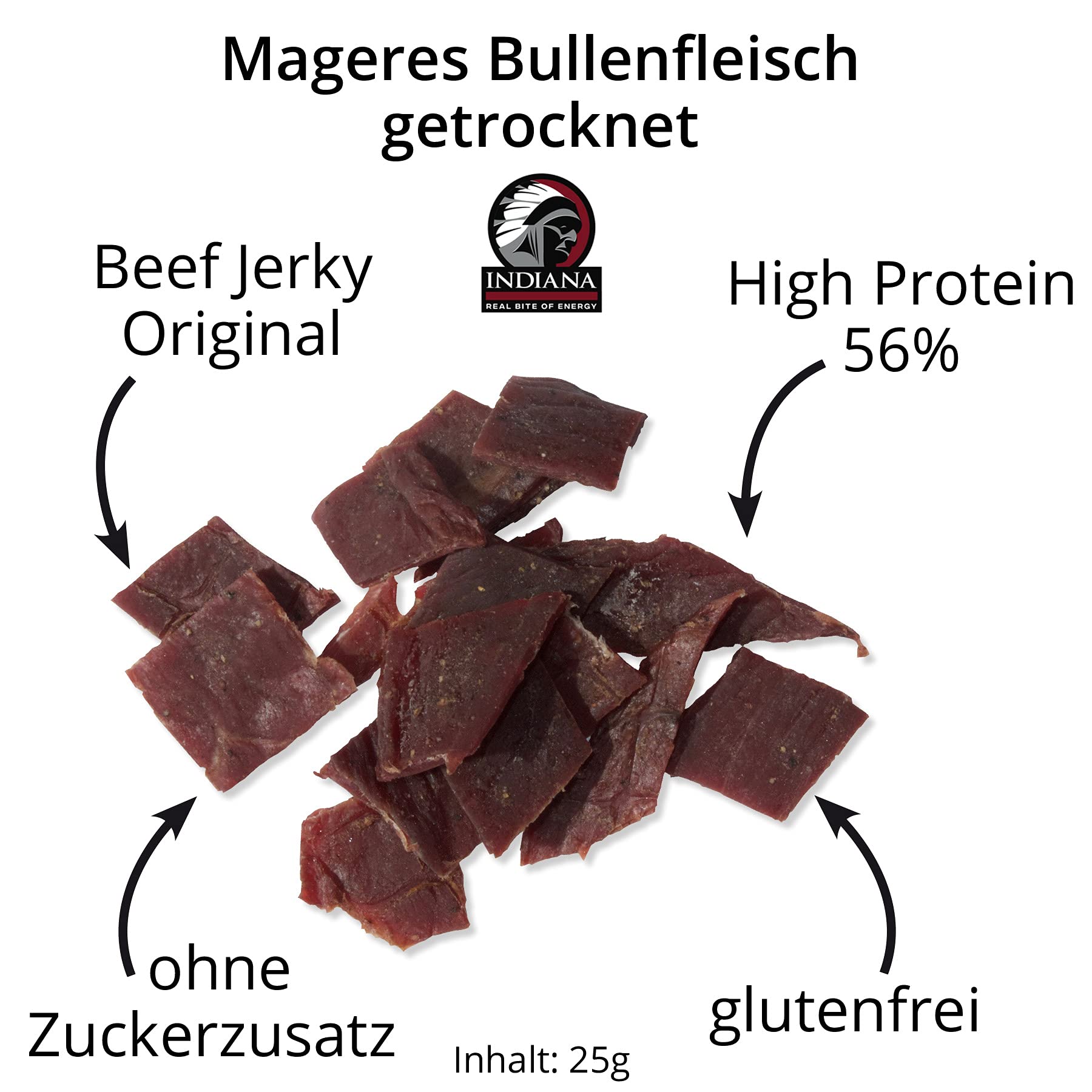 Indiana Beef Jerky Less Salt, High Protein, ohne Zuckerzusatz, Gluten-frei(10 x 25g)