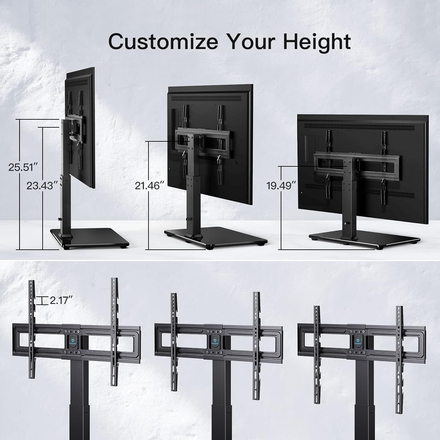 Diagram showing different height adjustment options for the TV on the stand.