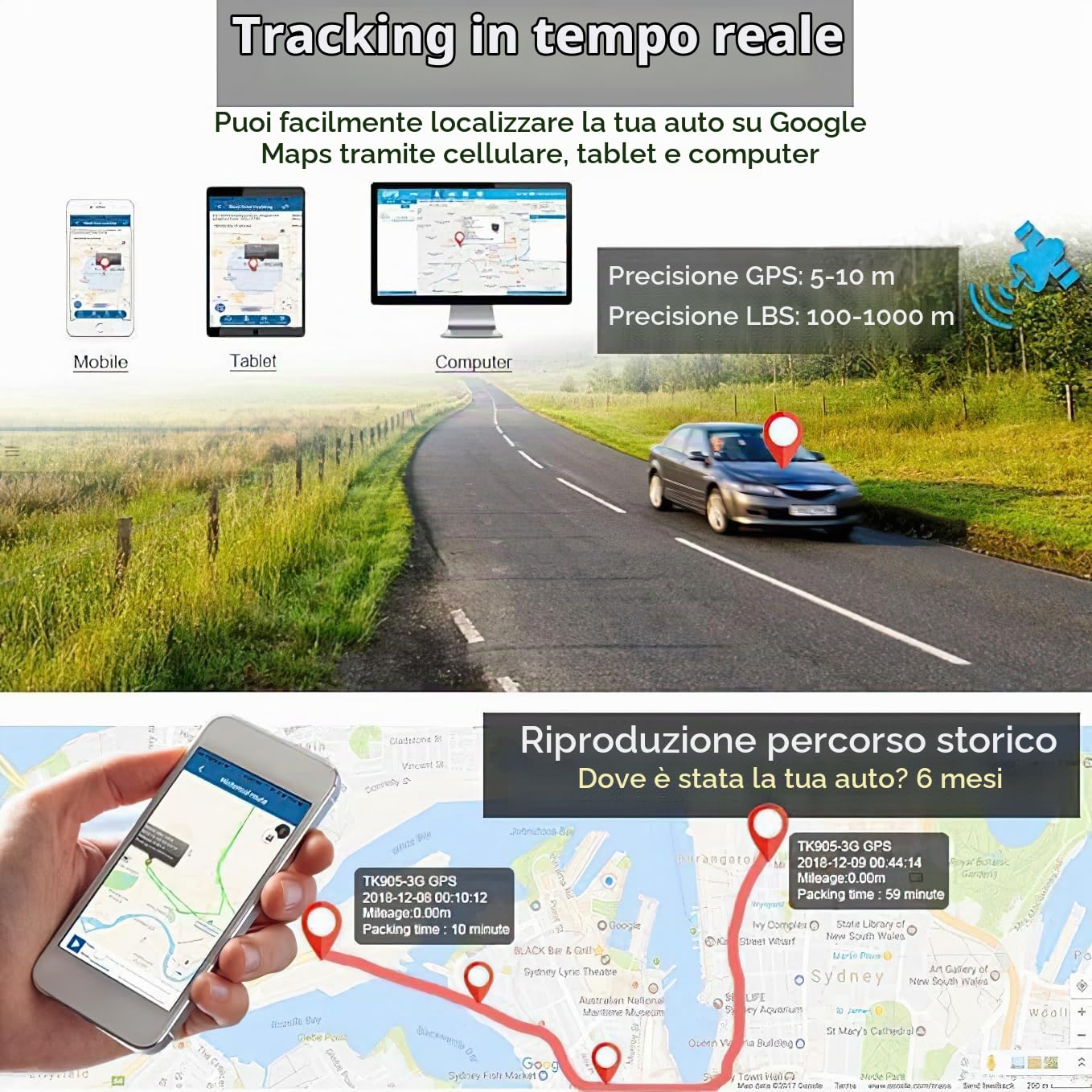 Mini Localizzatore GPS Portatile Micro GPS Tracker per auto,Winnes TK913 APP Senza Abbonamento Tracking in Tempo Reale Geofence Alarm,Impermeabile con Magnete per Personale，Bambini,Bagaglio,Moto