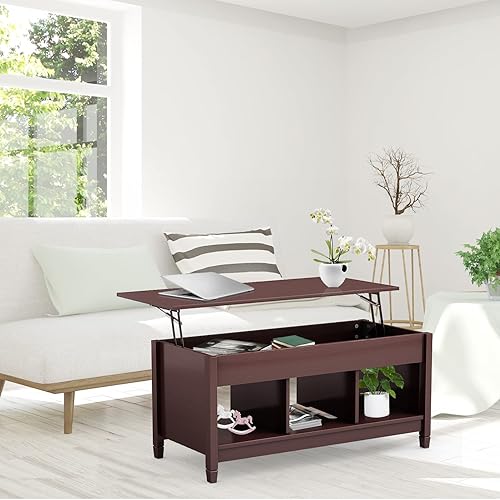 Miniatura 22 de COSTWAY Mesa auxiliar elevable, con compartimento de almacenamiento oculto y 3 estantes abiertos, mesa de té rectangular de cóctel con patas de