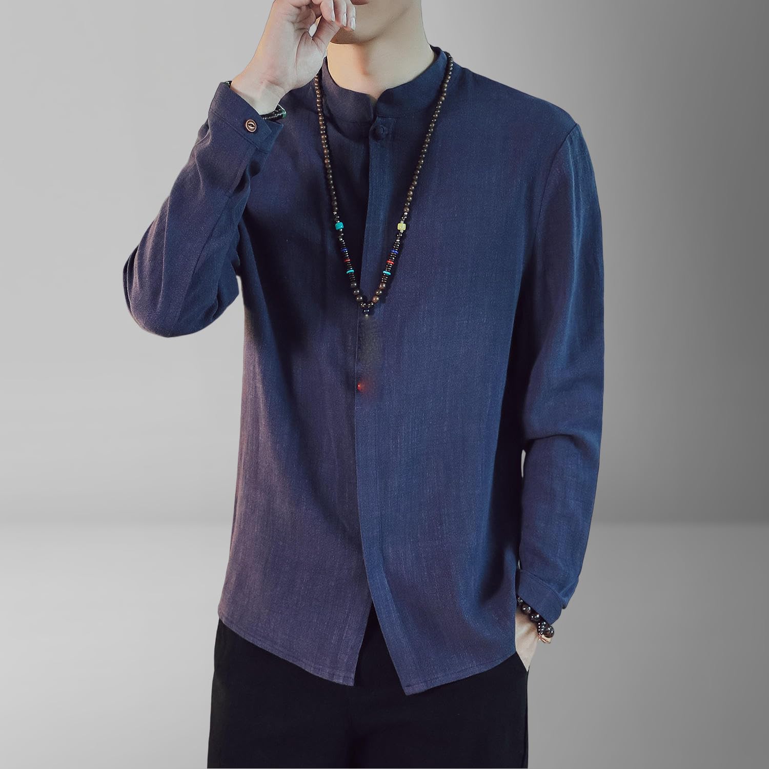 Camisa de manga larga para hombre, de lino y algodón, con cuello alto, estilo chino, primavera y otoño