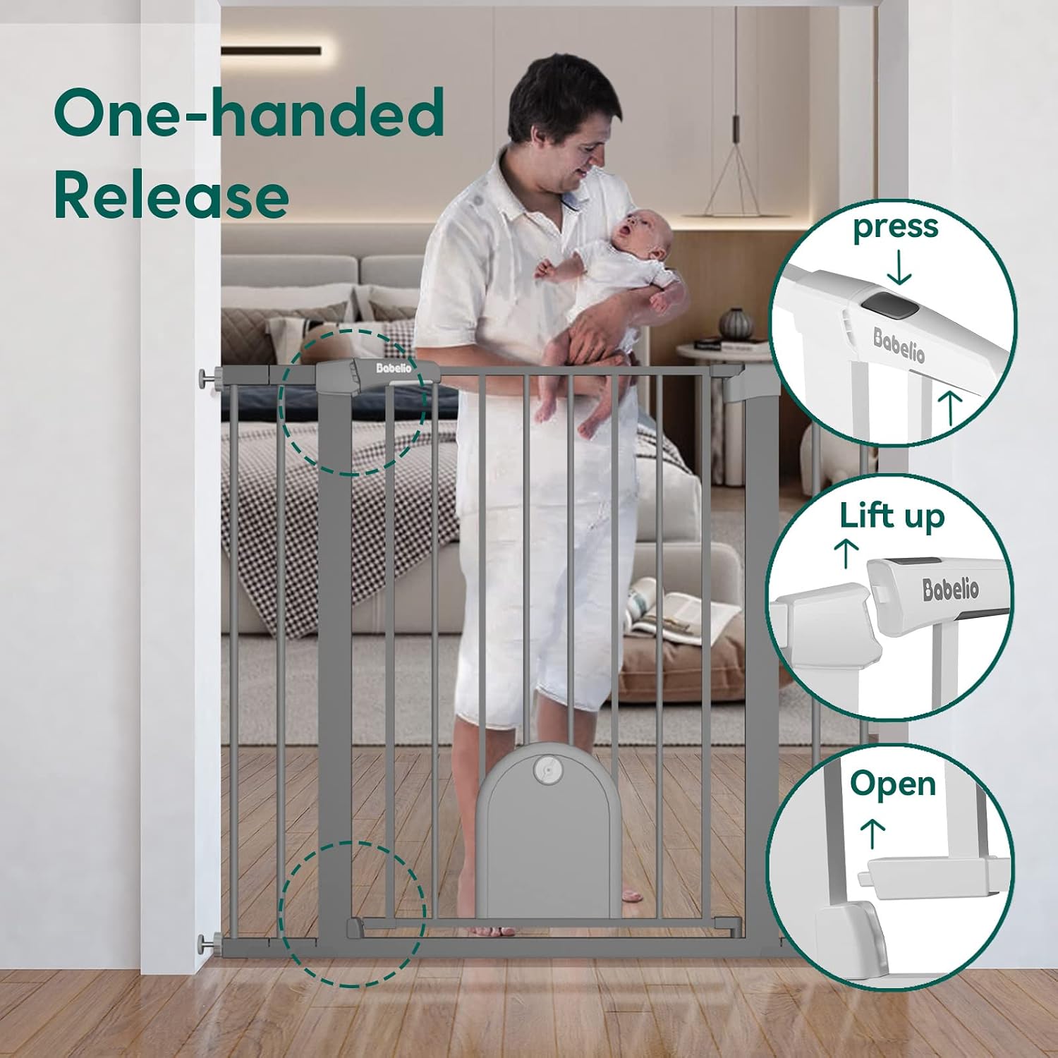 Babelio 36" Tall Auto Close Baby Gate with Small Cat Door, 29-43" Metal Cat Gate for Doorway, Stairs, House. Easy Walk Thru Dog Gate with pet Door, Includes 4 Wall Cups and 3 Extension Pieces, Gray