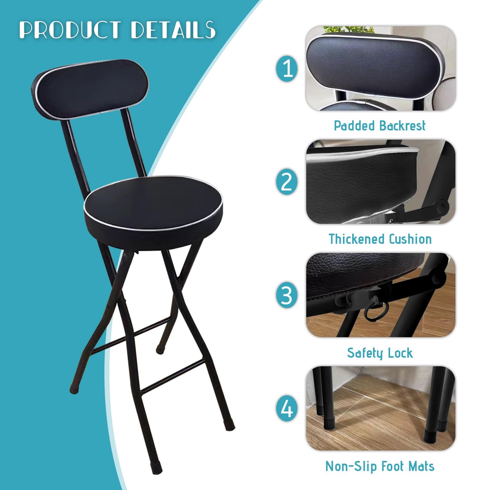 Tabouret Pliant Pour L'intérieur Et L'extérieur 50 55 60 65 70 75cm Tabouret De Bar Cuisine Portable Pour Adultes Tabouret de Comptoir Camping Bistrot Chaise de Salle À Manger Rembourré en PU(Black,55