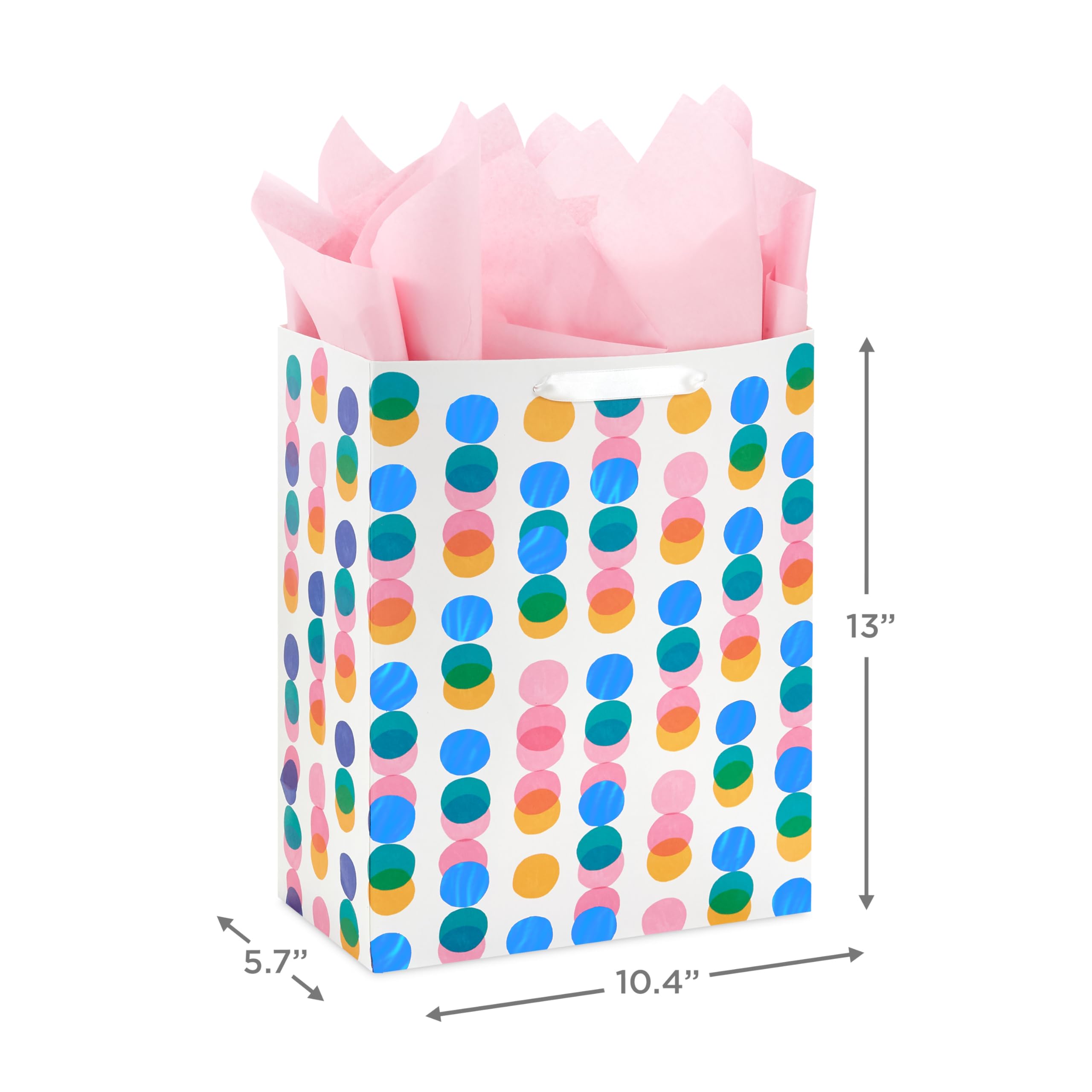 Hallmark 13" Large Gift Bag with Pink Tissue Paper (Pink, Yellow, Foil Blue Dots) for Valentine's Day, Birthdays, Mother's Day, Easter