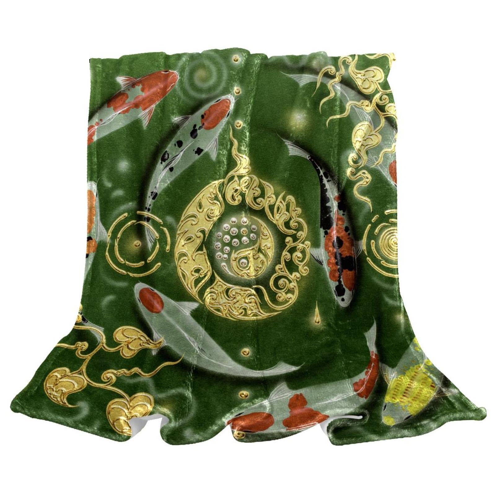 Couverture polaire Yin Yang Koi pour canapé et lit : plaid chaud style japonais vintage